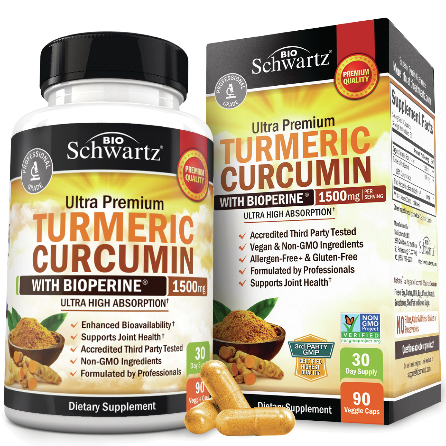 BioSchwartz Turmeric Curcumin with BioPerine 1500mg - Natural Joint Support with 95% Standardized Curcuminoids & Black Pepper Extract for Ultra High A