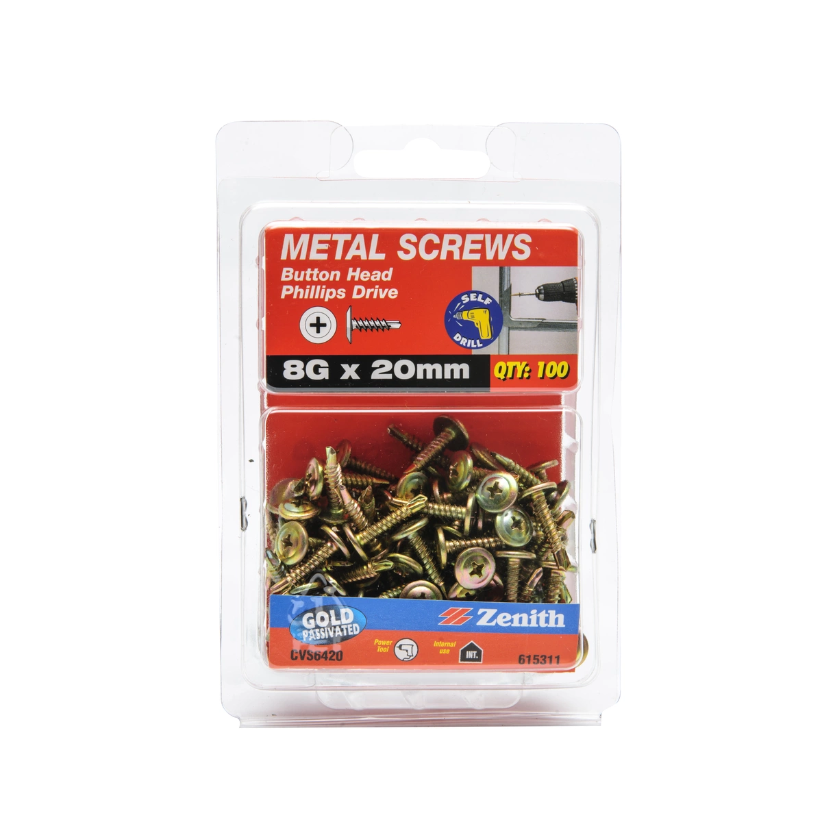ZENITH® 8G x 20mm Gold Passivated, Self Drilling, Phillips Drive, Button Head, Metal Screws – Internal Use – 100 Pack