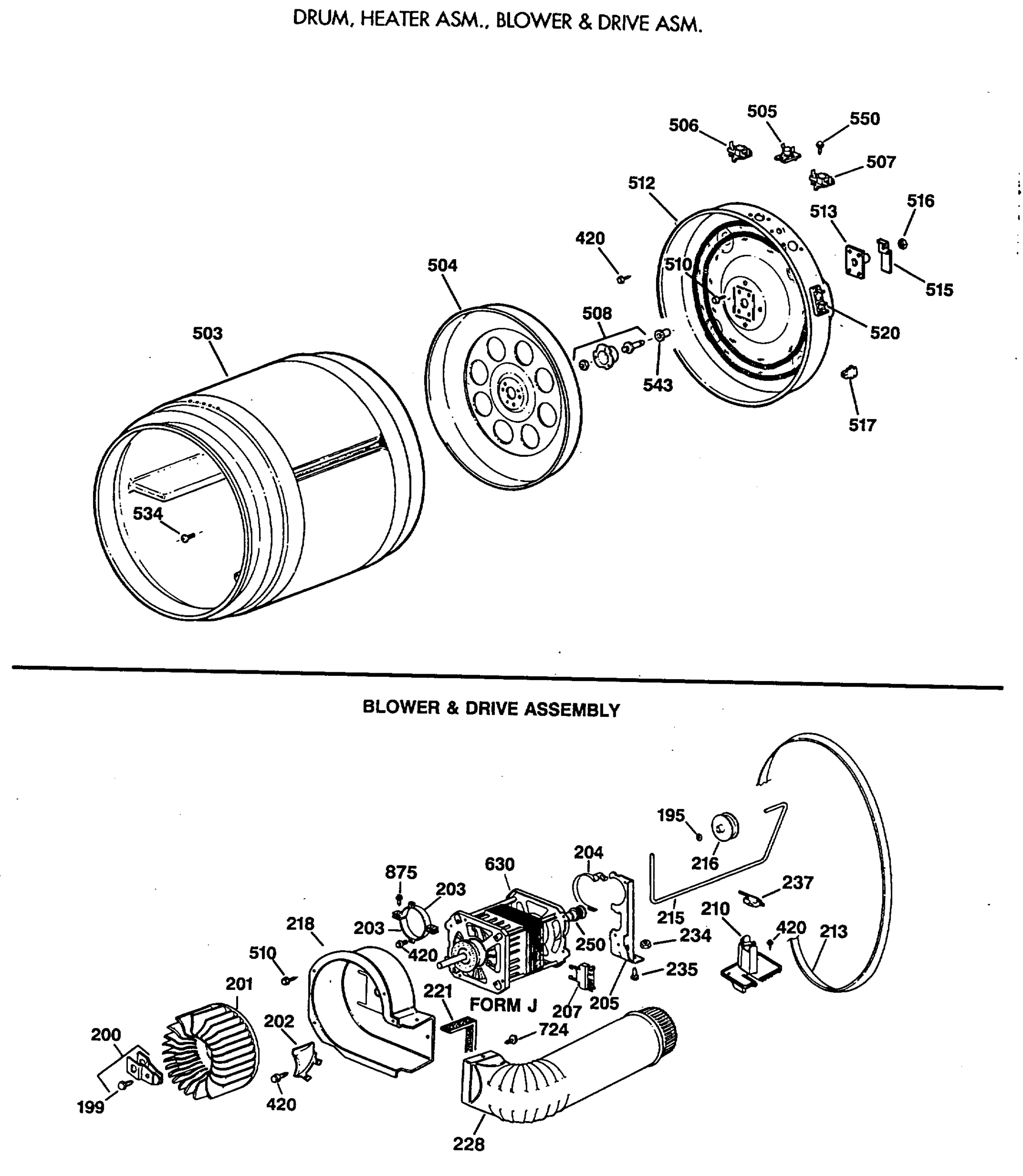 DRUM, HEATER ASM., BLOWER & DRIVE ASM.
