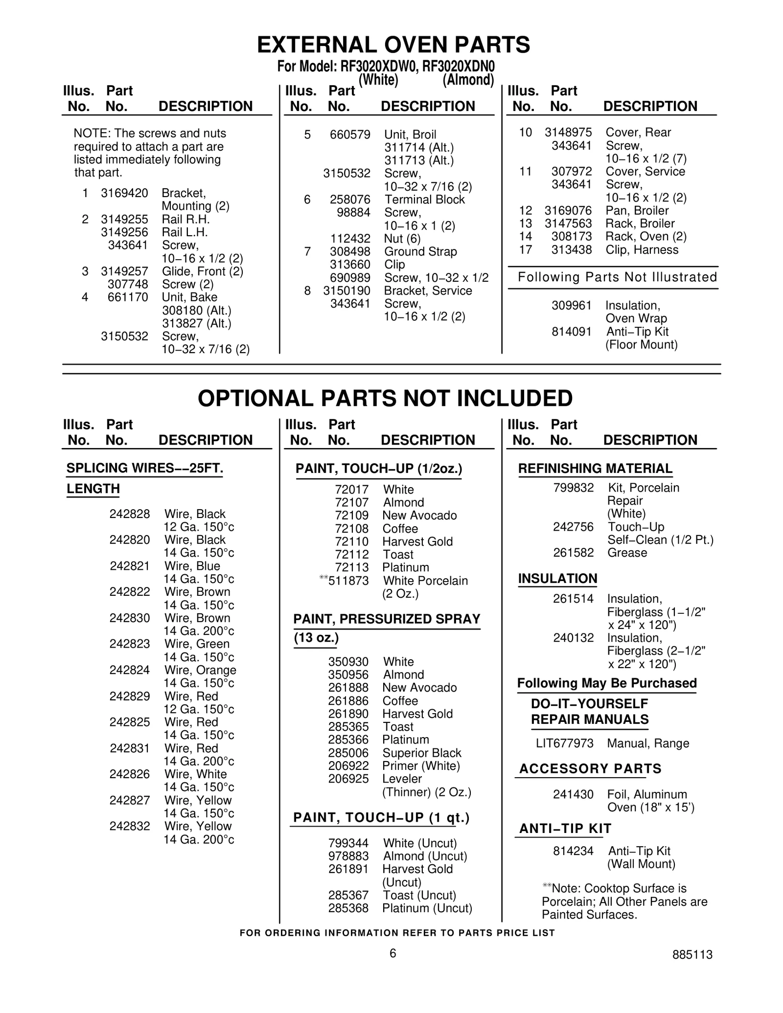 OPTIONAL PARTS NOT INCLUDED