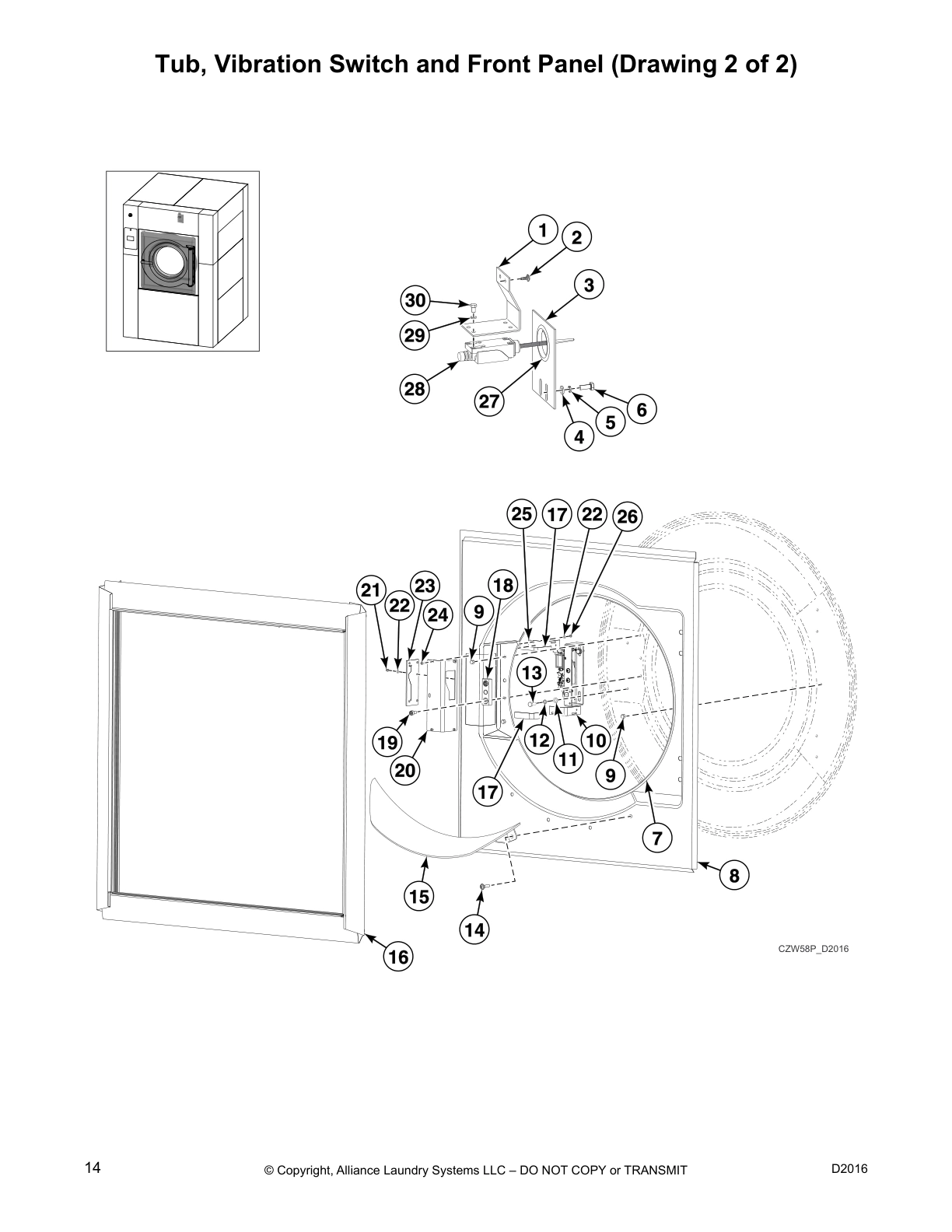 Tub, Vibration Switch and Front Panel (Drawing 2 of 2)