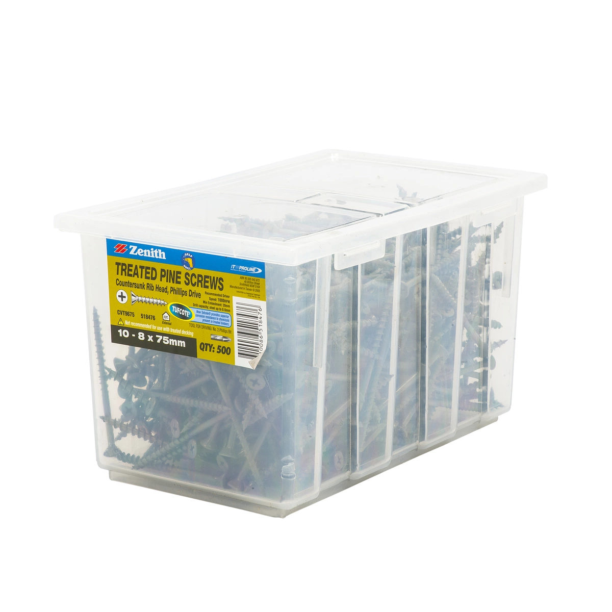 ZENITH® 10G x 75mm TUFCOTE®, Phillips Drive, Treated Pine Screws – External Use – 500 Pack