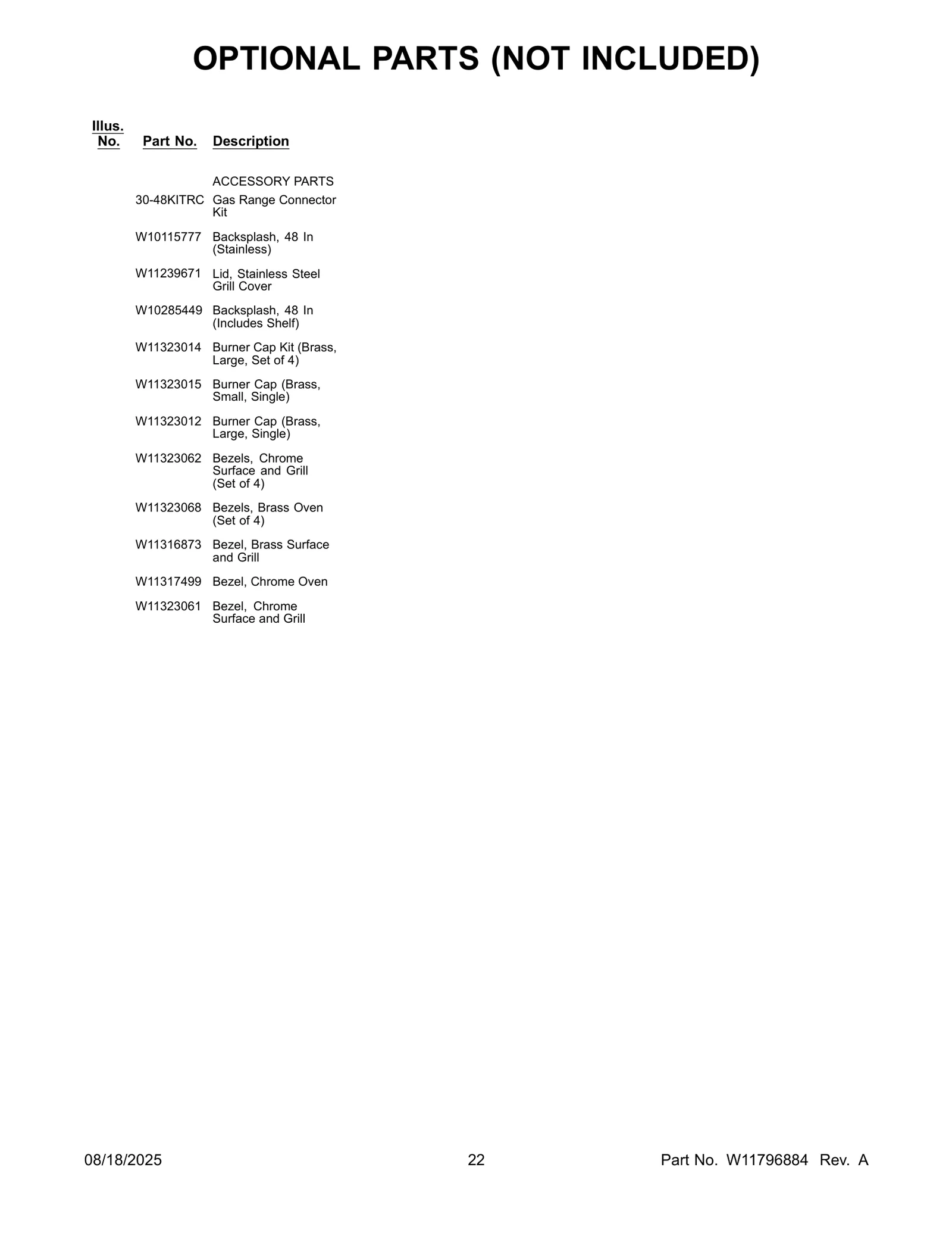 OPTIONAL PARTS (NOT INCLUDED)