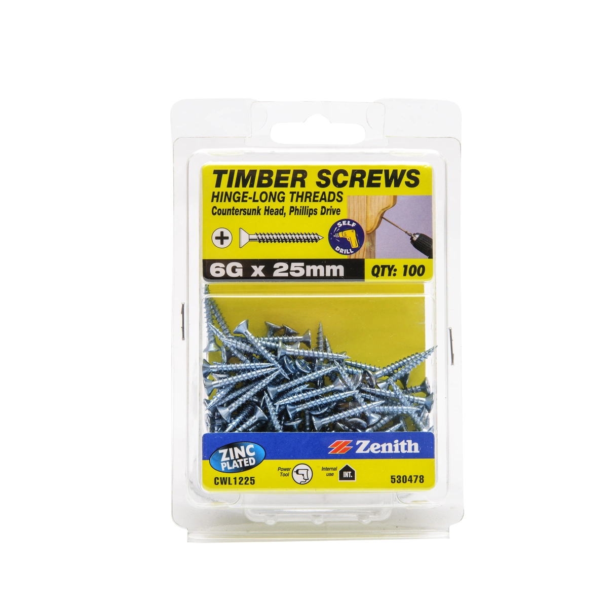 ZENITH® 6G x 25mm Zinc Plated, Phillips Drive, Timber Screws – Internal Use – 100 Pack