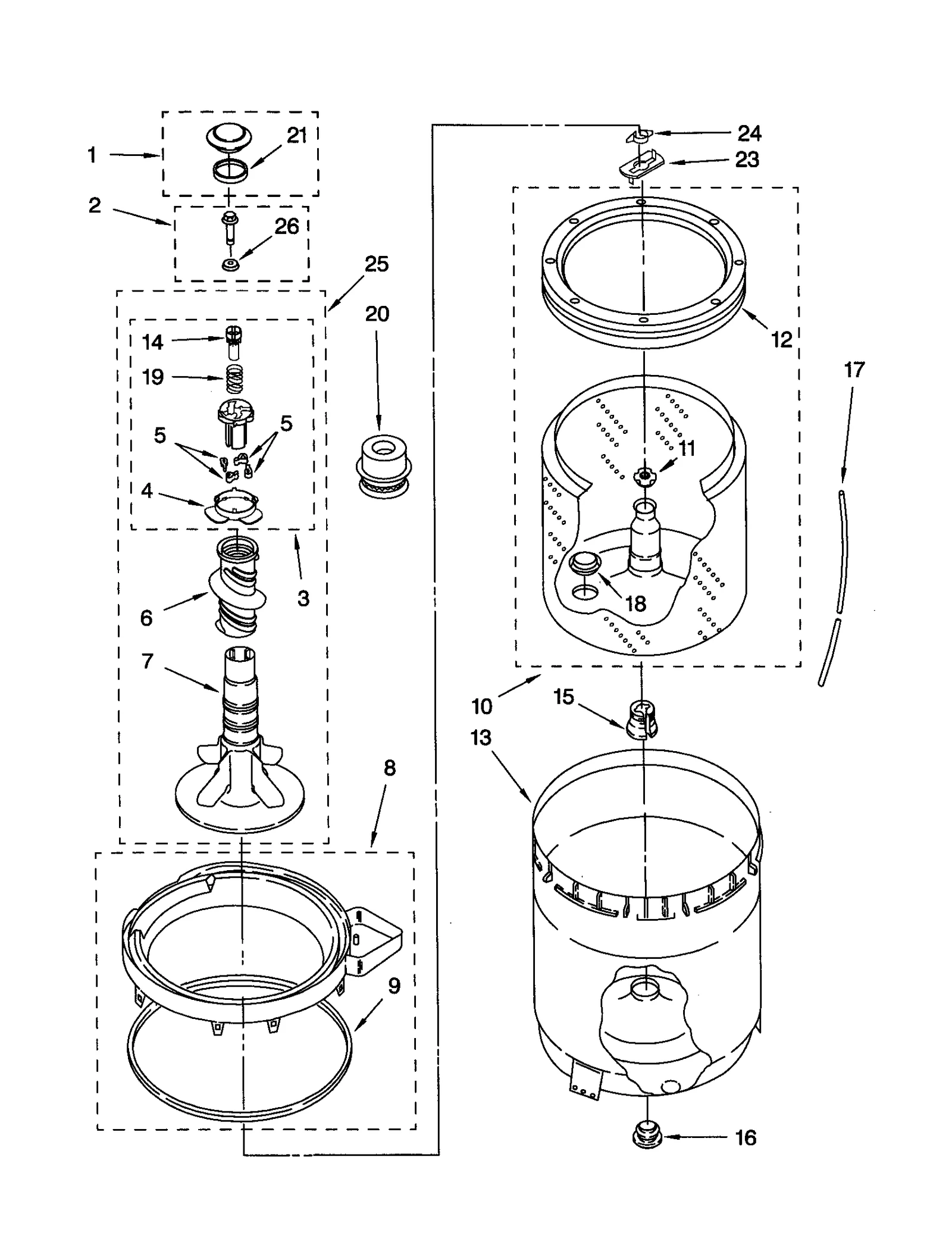 AGITATOR, BASKET AND TUB