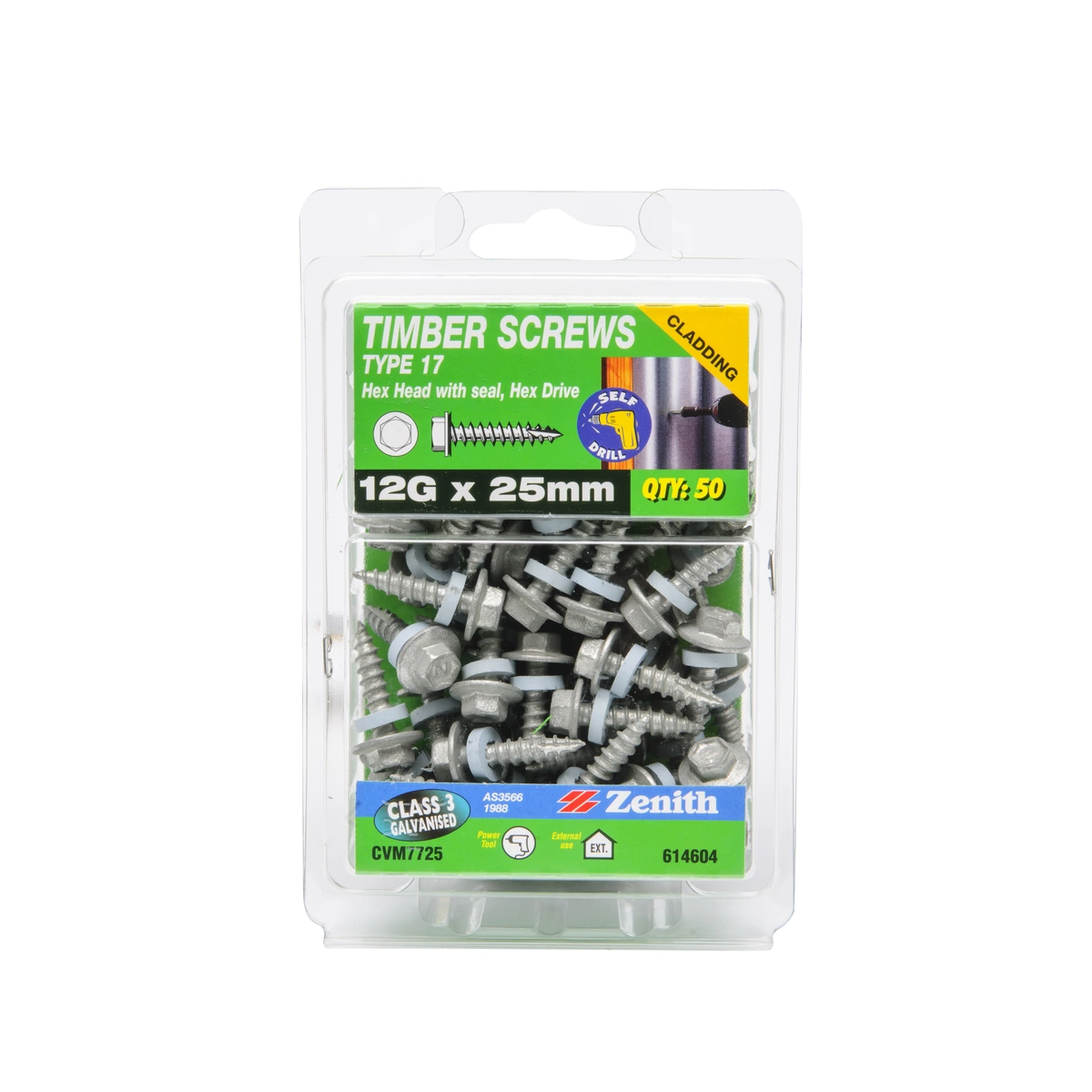 ZENITH® 12G x 25mm Class 3 Galvanised, External Hex Drive, Cladding & Roofing Screws with Seal – External Use – 50 Pack