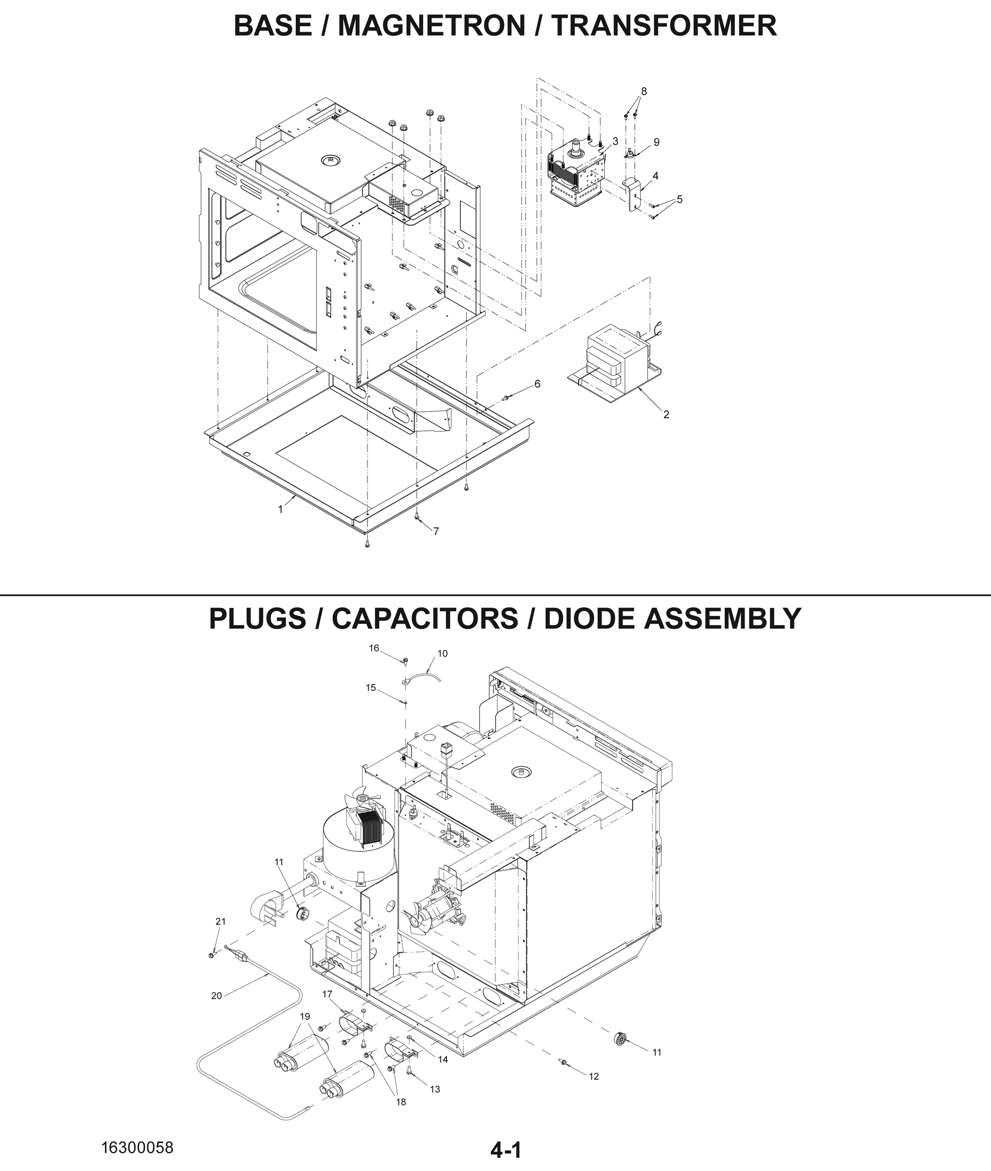 BASE / MAGNETRON / TRANSFORMER / PLUGS / CAPACITOR / DIODE ASSEMBLY