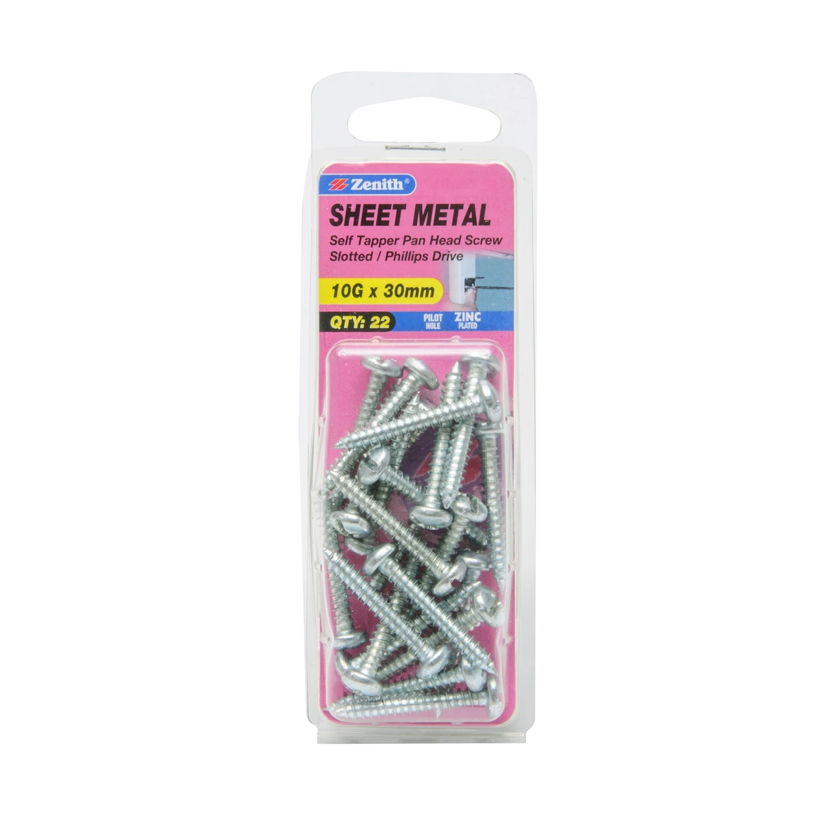 ZENITH® 10G x 30mm Zinc Plated, Self Tapping, Combination Drive, Sheet Metal Screws – Internal Use – 22 Pack
