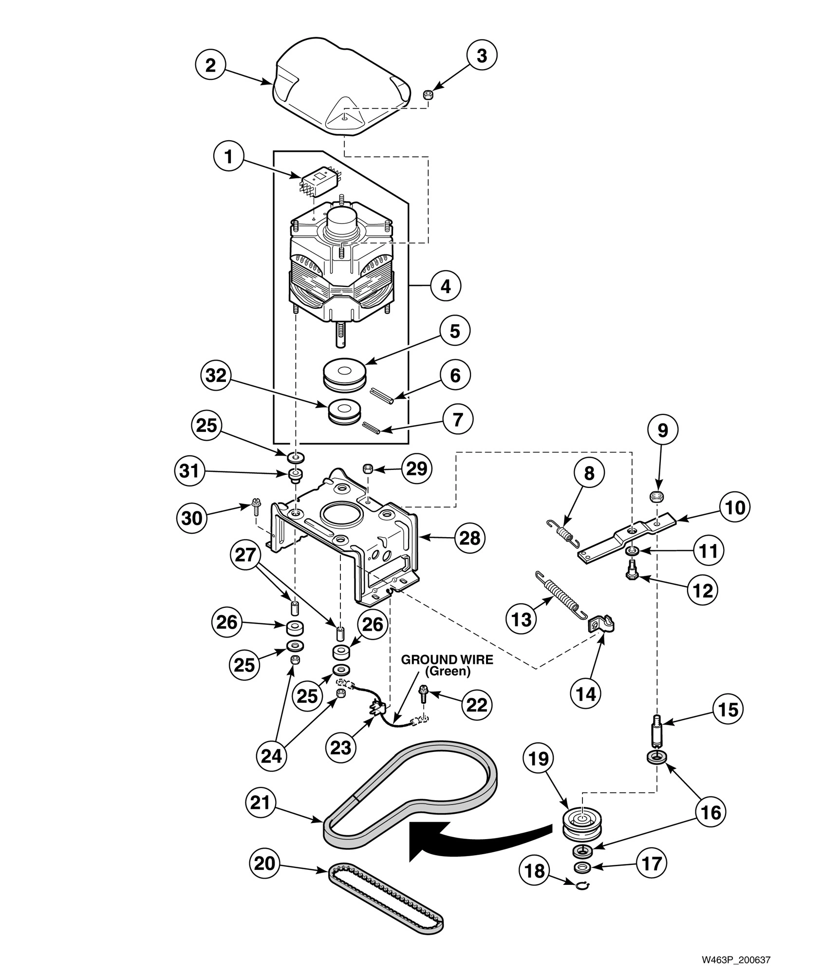 Motor, Mounting Bracket, Belts and Idler Assembly
