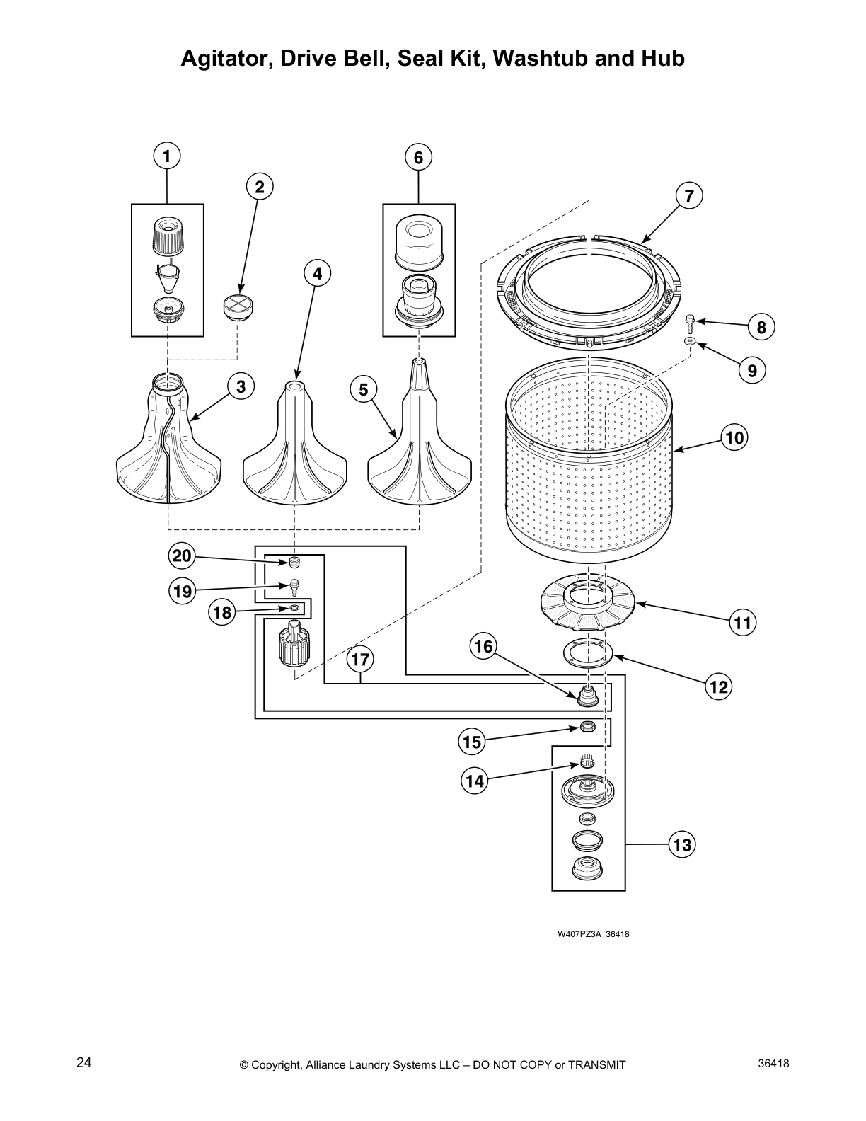 Agitator, Drive Bell, Seal Kit, Washtub and Hub