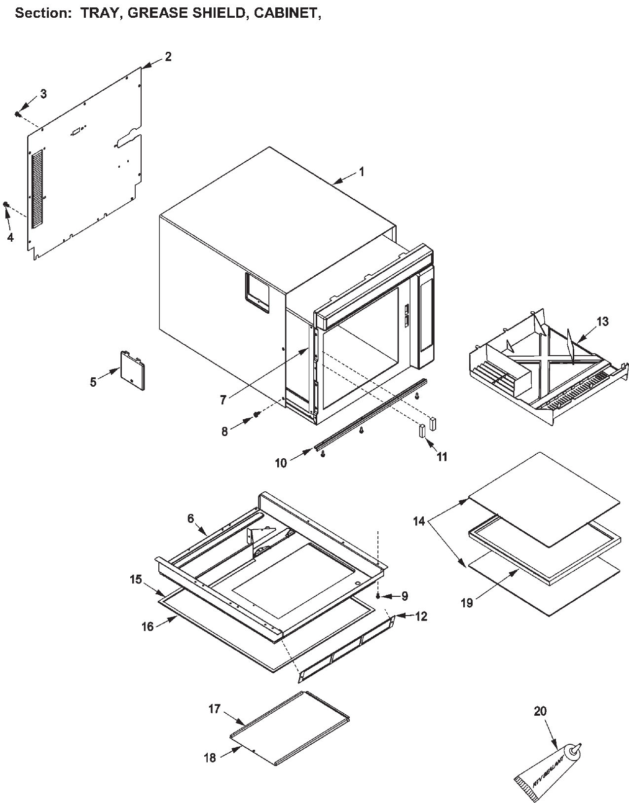 TRAY, GREASE SHIELD, CABINET,