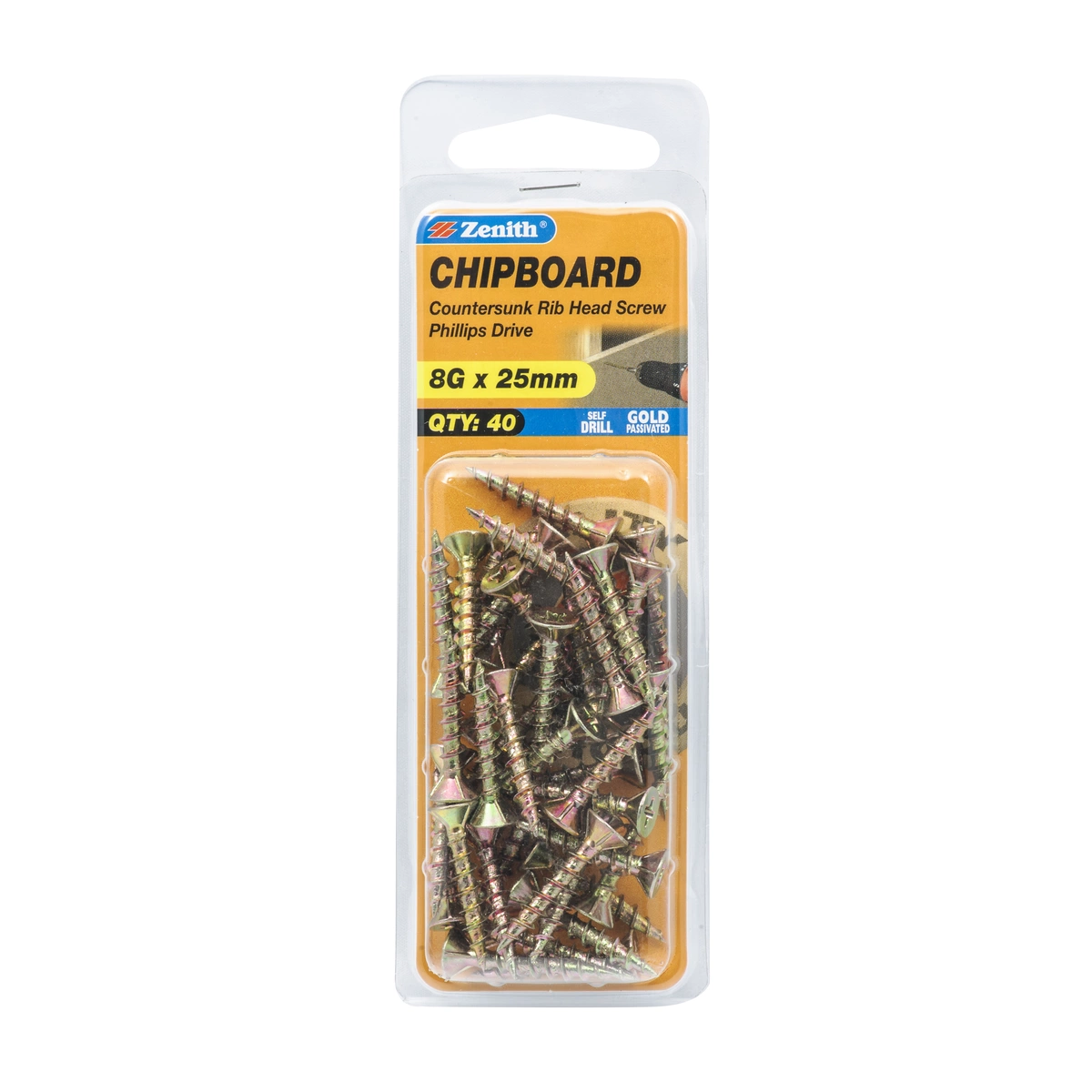 ZENITH® 8G x 25mm Gold Passivated, Phillips Drive, Chipboard Screws – Internal Use – 40 Pack