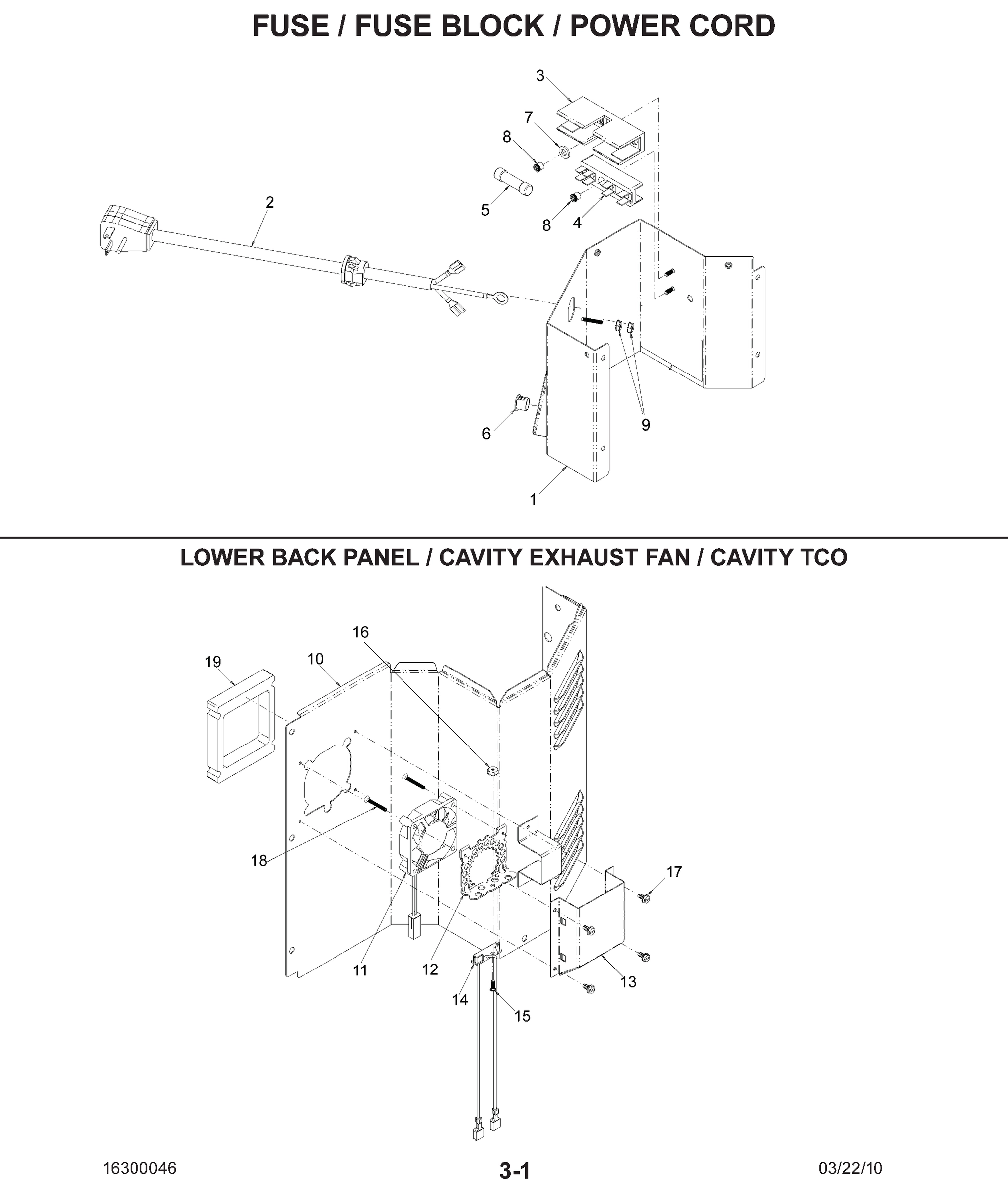 FUSE BLOCK / POWER CORD / LOWER BACK PANEL / EXHAUST / CAVITY TCO