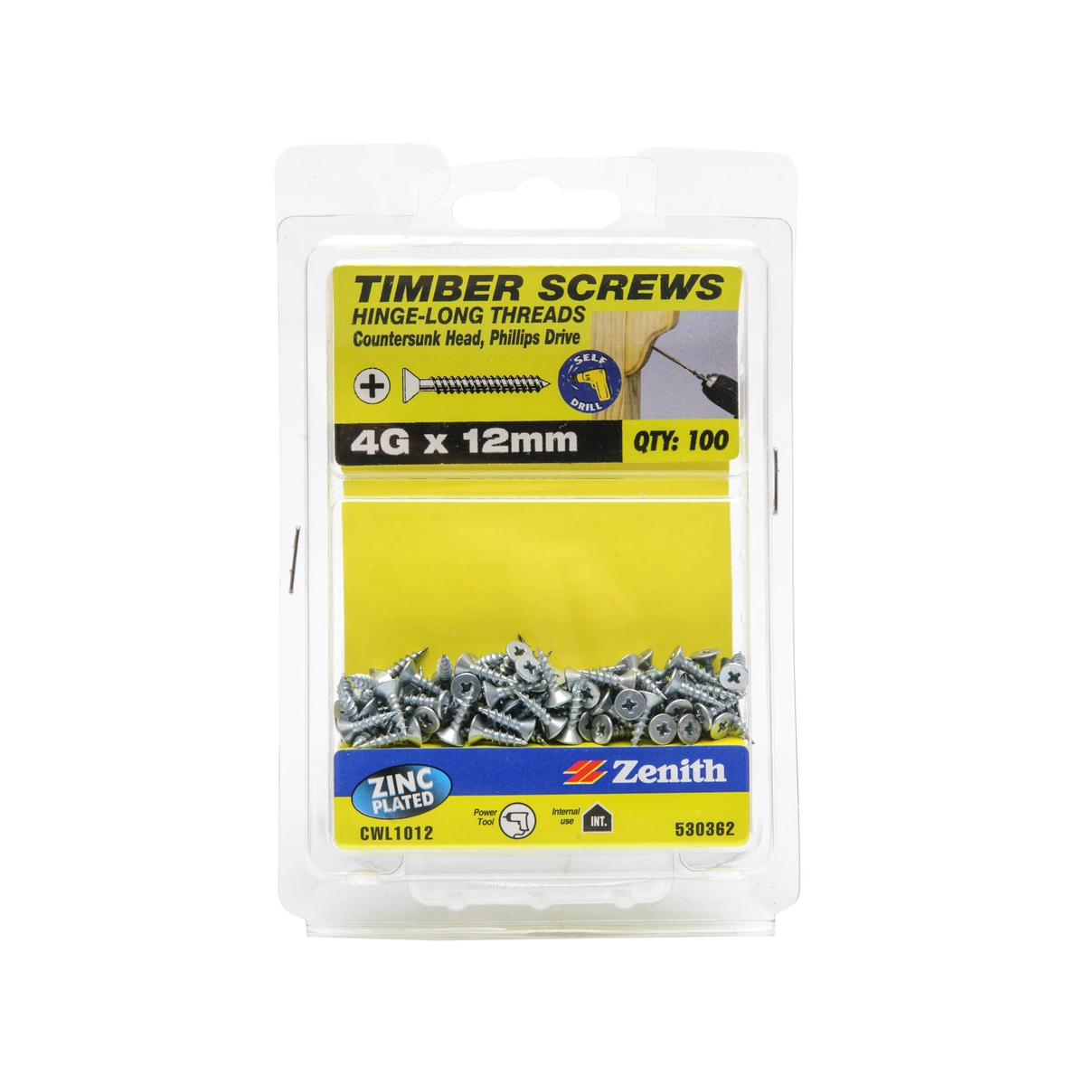 ZENITH® 4G x 12mm Zinc Plated, Phillips Drive, Timber Screws – Internal Use – 100 Pack