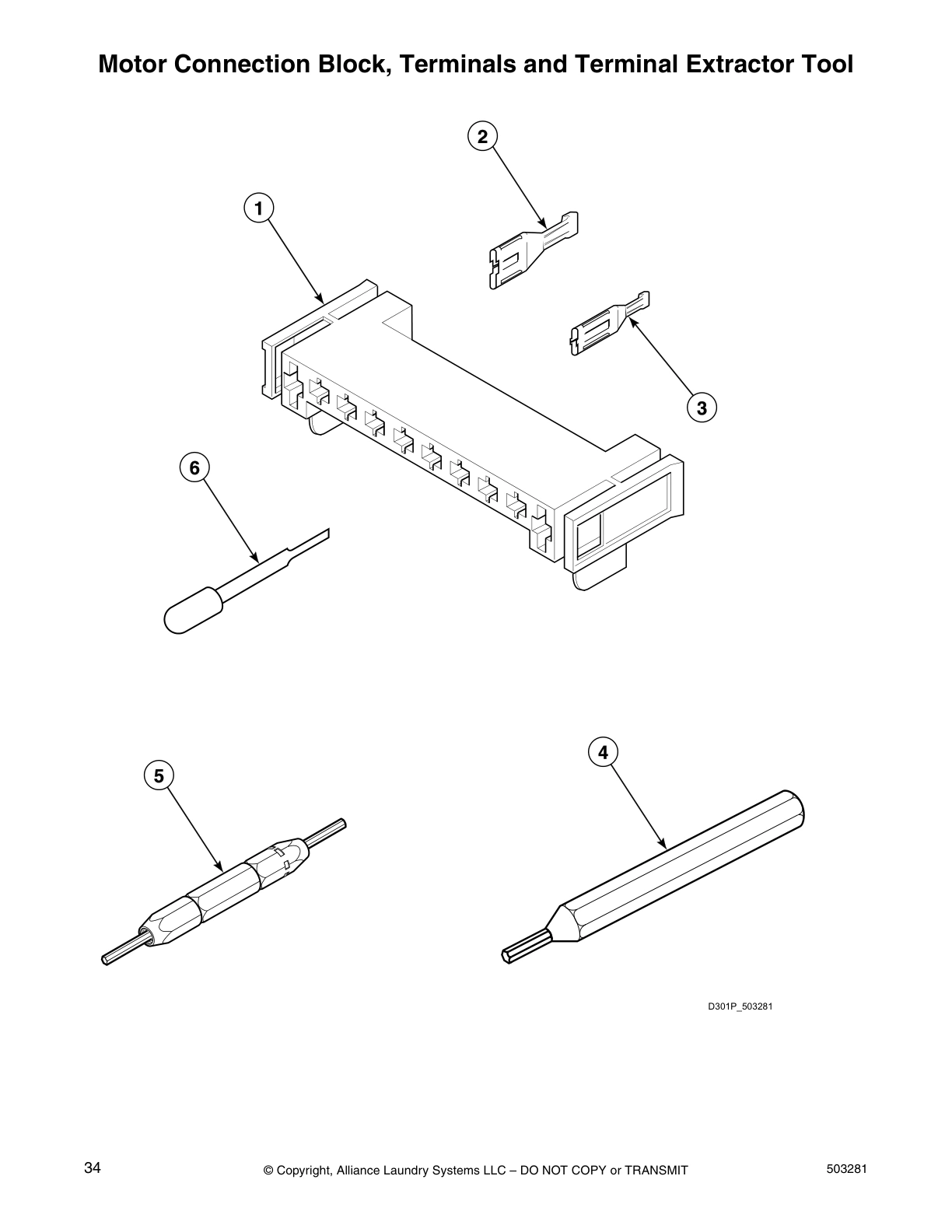 Motor Connection Block, Terminals and Terminal Extractor Tool