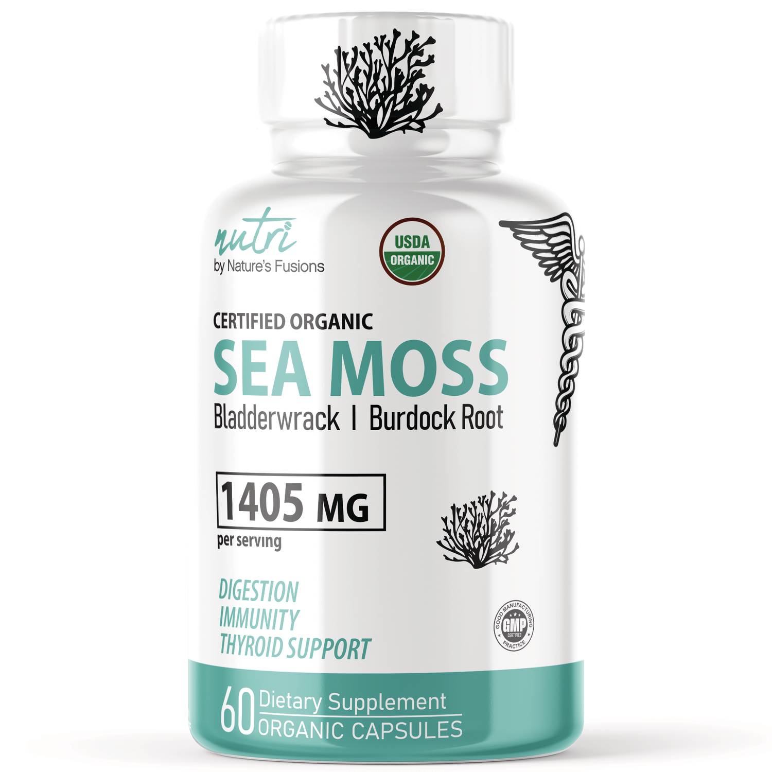 Nature's Fusions Nutri Certified Organic Sea Moss Supplement Vitamin | 1405 mg | 60 Caps | Herbs and Supplements