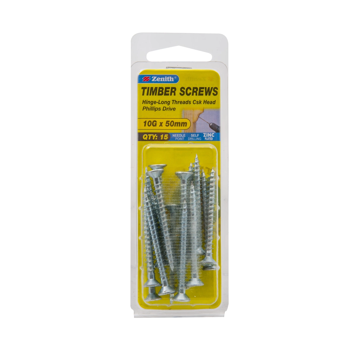 ZENITH® 10G x 50mm Zinc Plated, Phillips Drive, Timber Screws – Internal Use – 15 Pack
