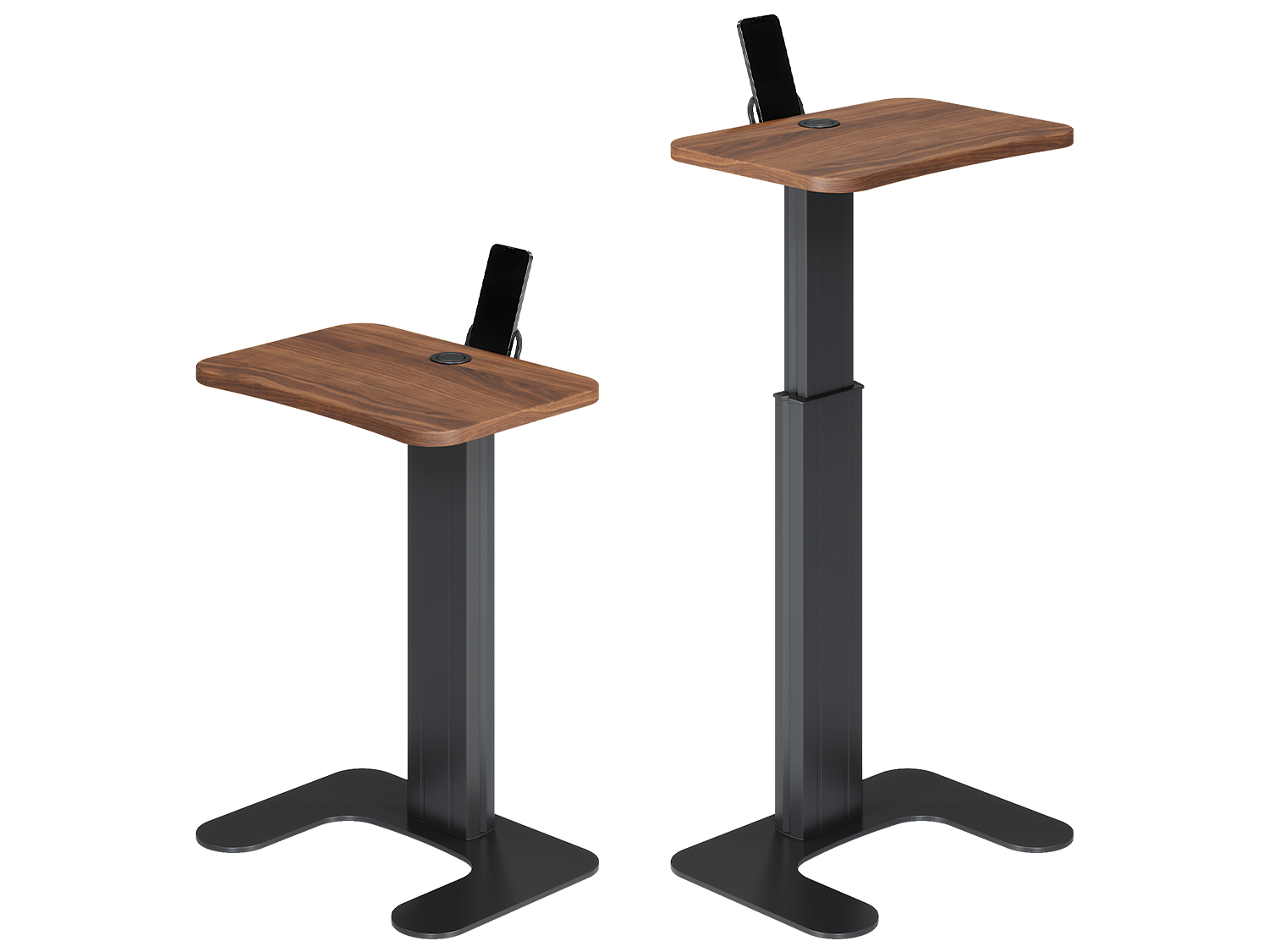 Drift laptop table with the horseshoe base from RightAngle shown in a sitting and standing position with a phone placed in the holder handle