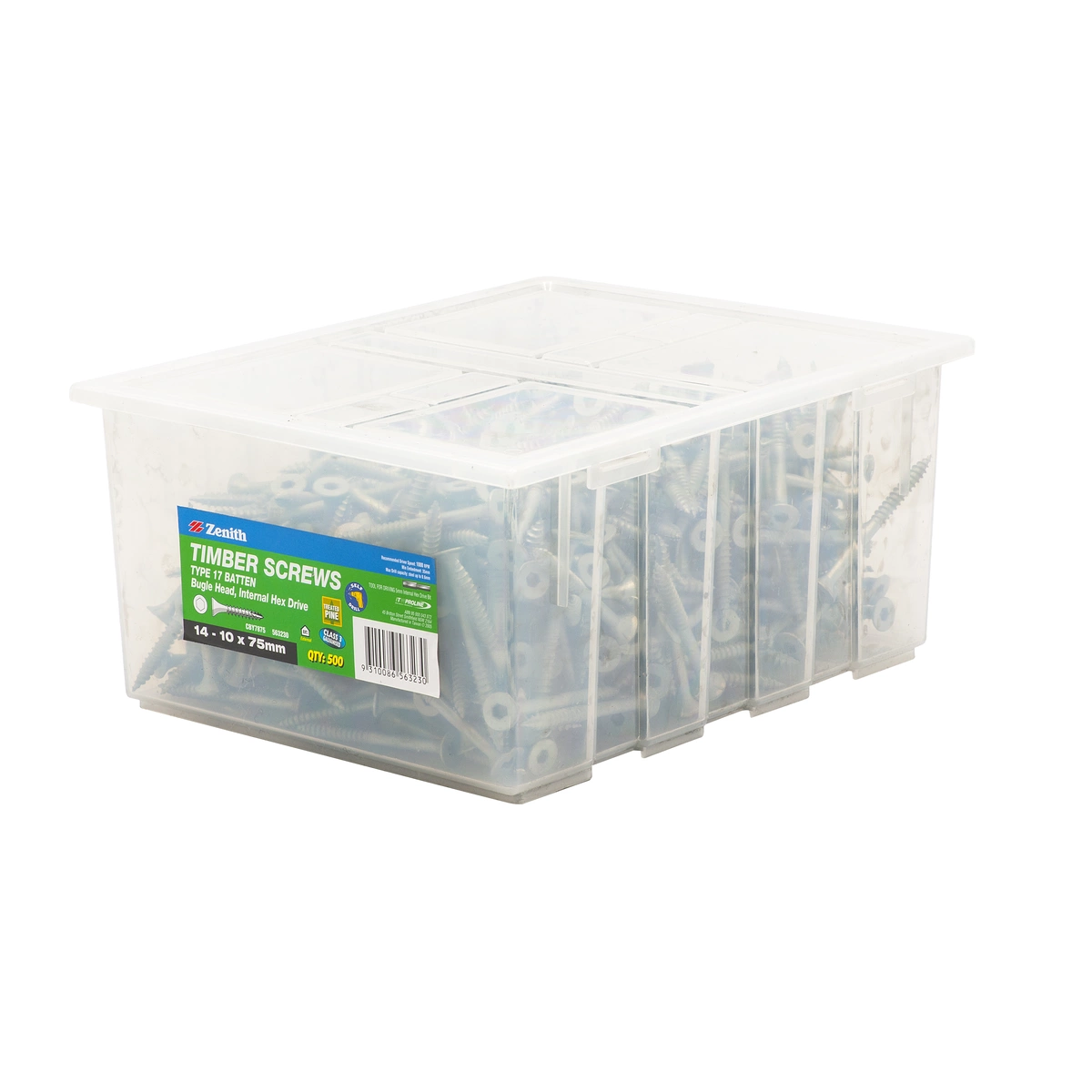 ZENITH® 14G x 75mm Class 3 Galvanised, Self Drilling, Internal Hex Drive, Bugle Batten Screws – External Use – 500 Pack