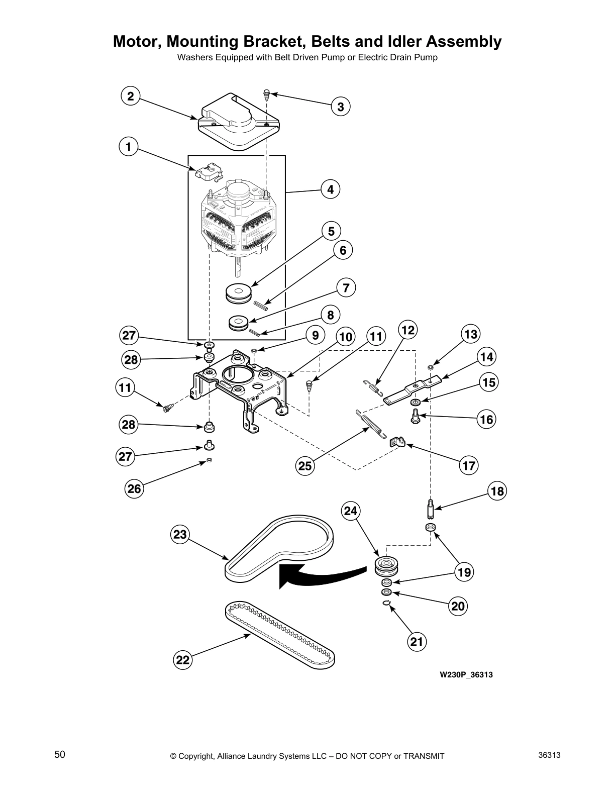 Motor, Mounting Bracket, Belts and Idler Assembly