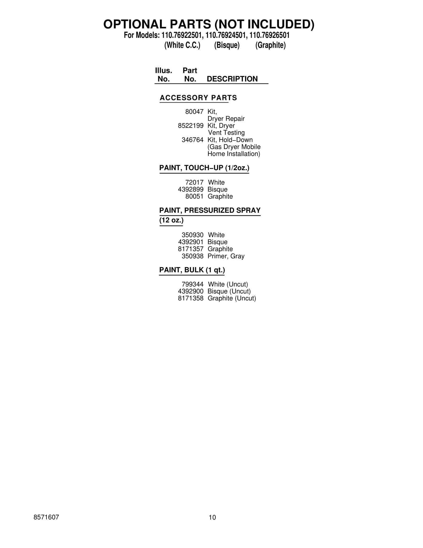 OPTIONAL PARTS (NOT INCLUDED)