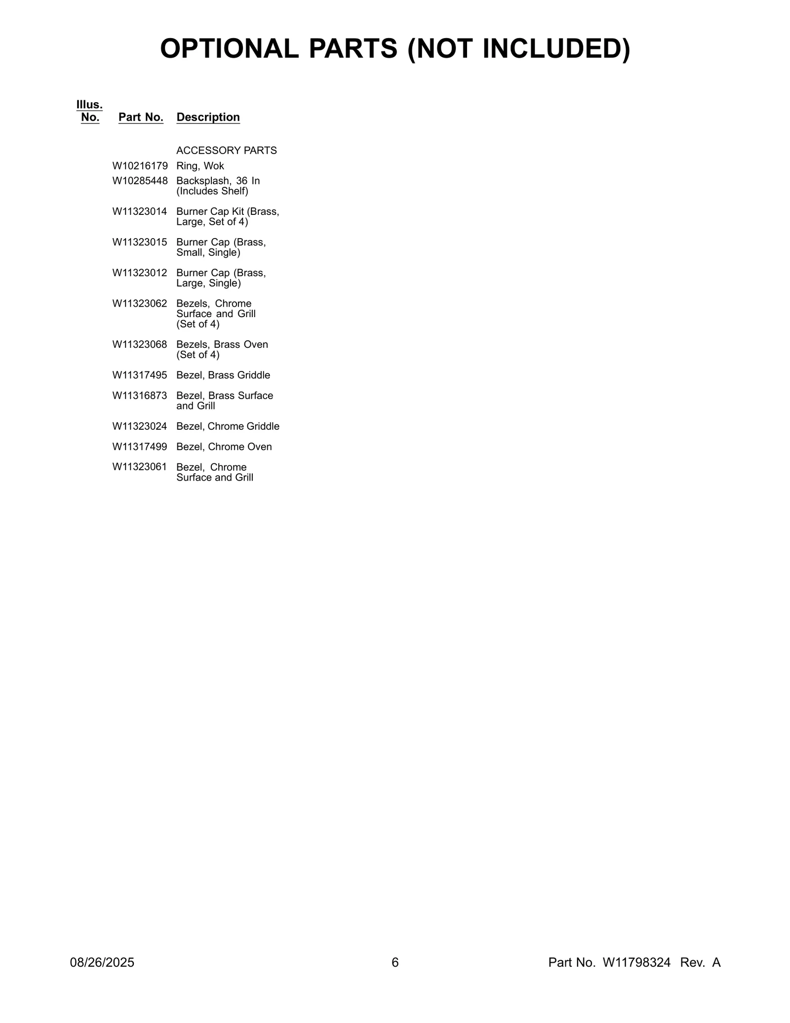 OPTIONAL PARTS (NOT INCLUDED)