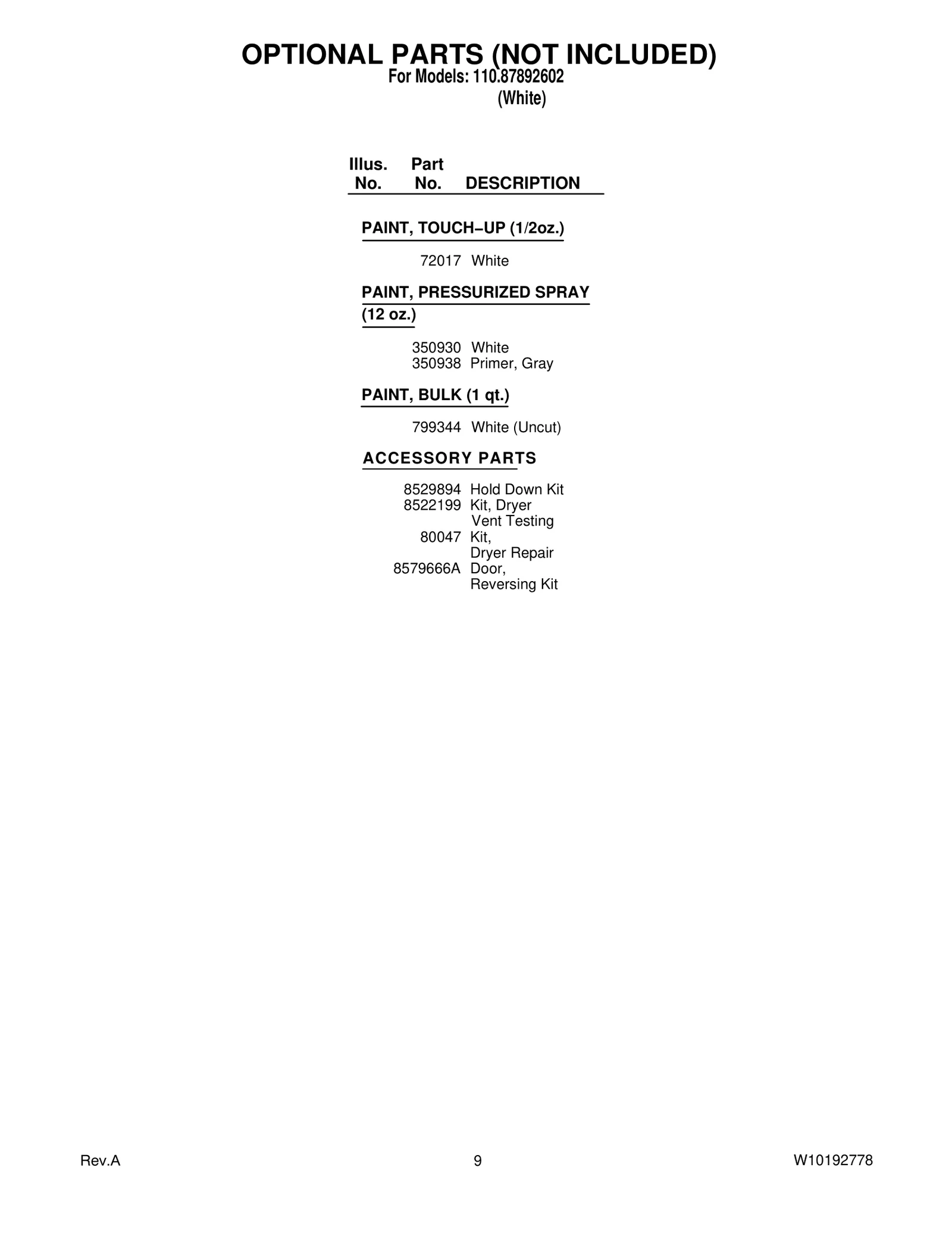 OPTIONAL PARTS (NOT INCLUDED)