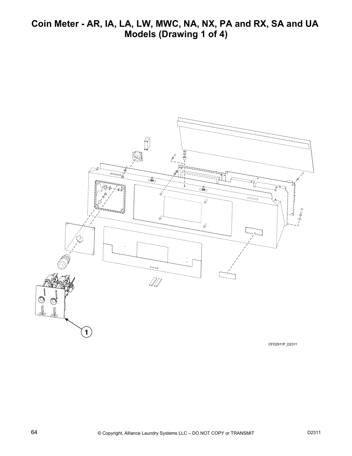 Coin Meter - AR, IA, LA, LW, MWC, NA, NX, PA and RX, SA and UA 
Models (Drawing 1 of 4)