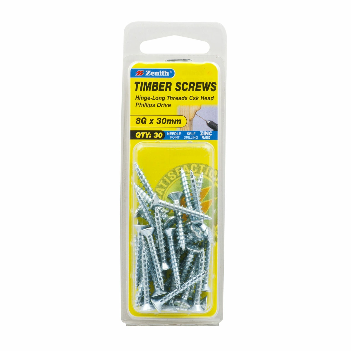 ZENITH® 8G x 30mm Zinc Plated, Phillips Drive, Timber Screws – Internal Use – 30 Pack