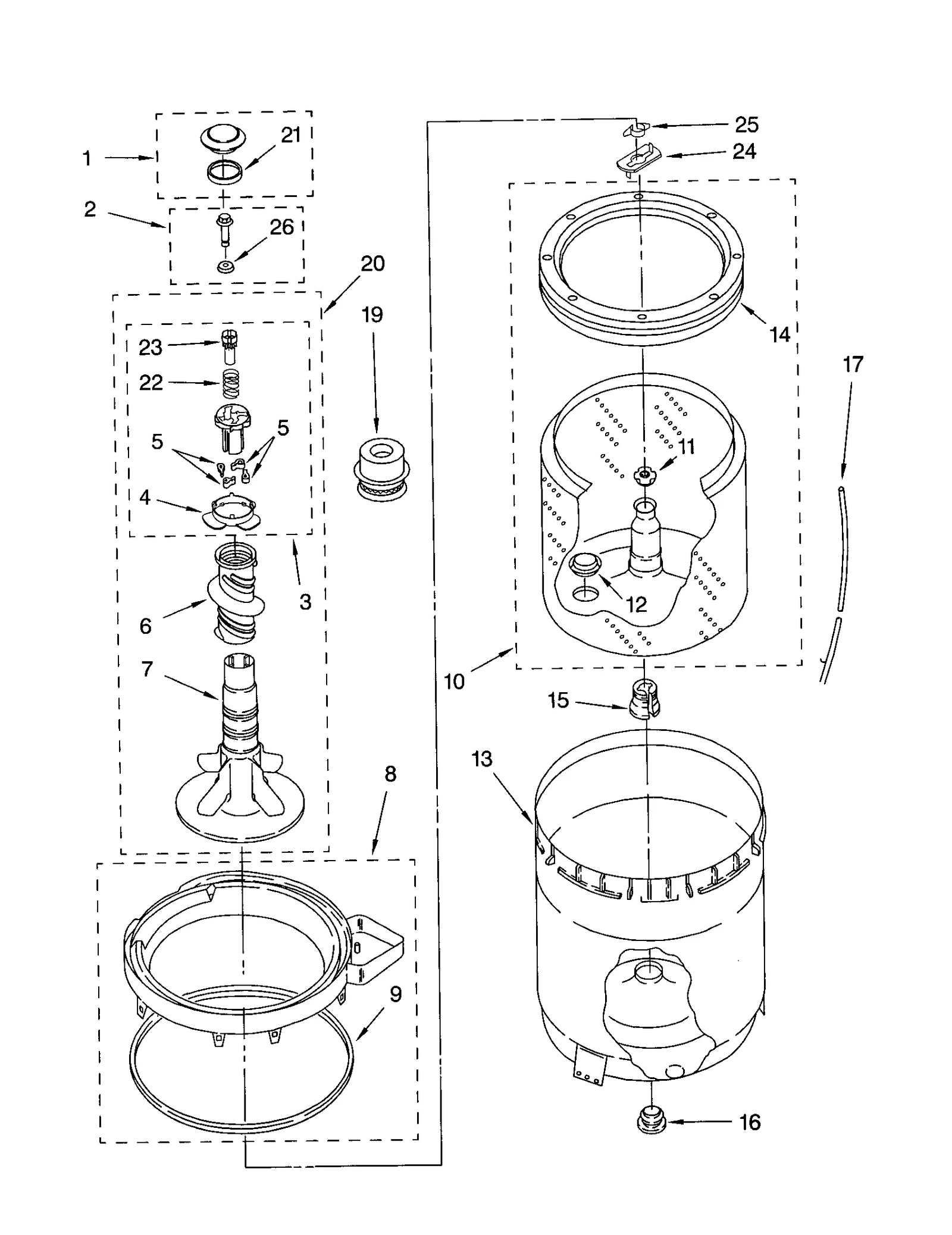AGITATOR, BASKET AND TUB