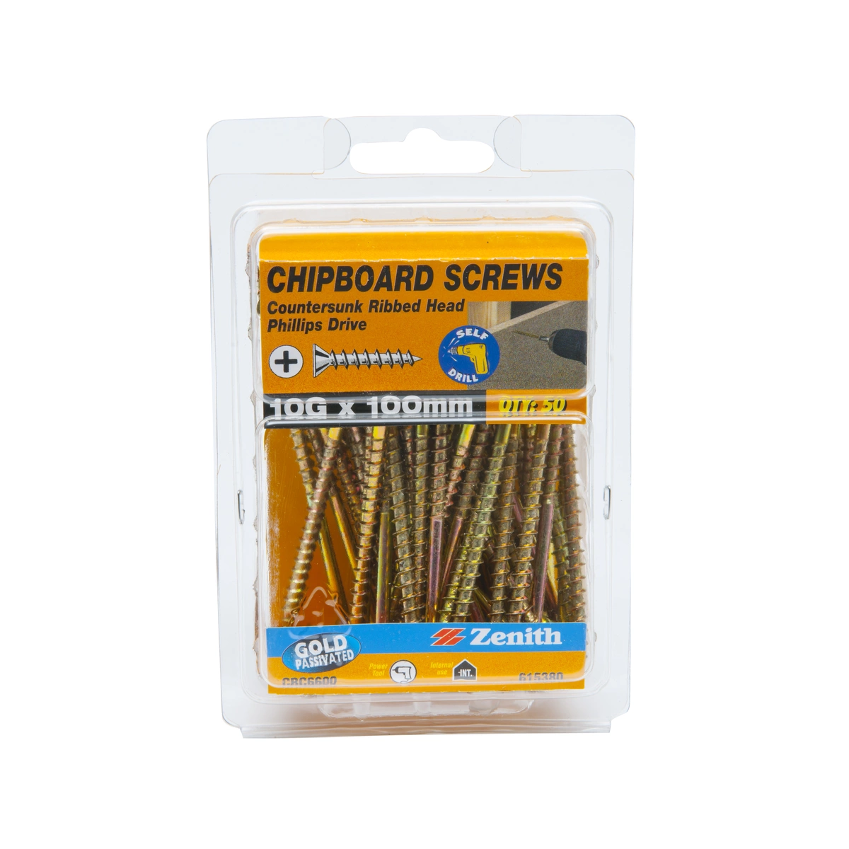 ZENITH® 10G x 100mm Gold Passivated, Phillips Drive, Chipboard Screws – Internal Use – 50 Pack