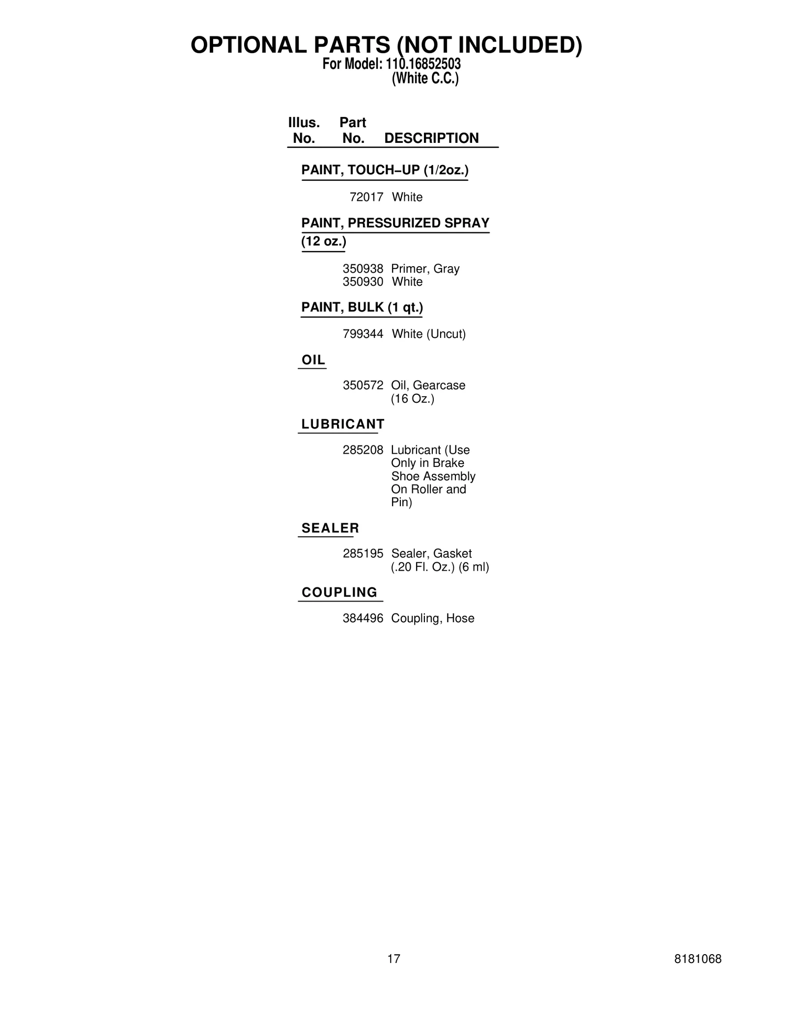 OPTIONAL PARTS (NOT INCLUDED)