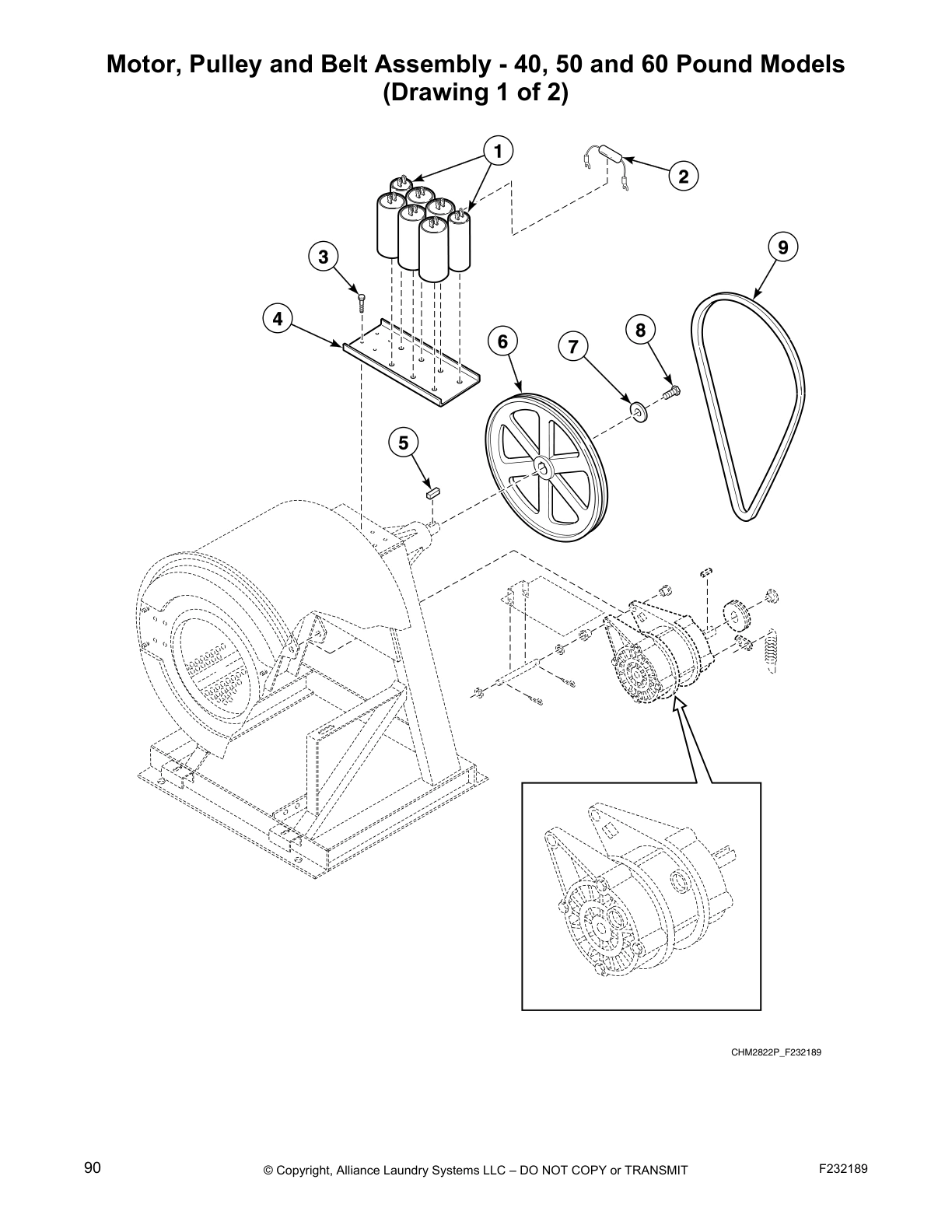 Motor, Pulley and Belt Assembly - 40, 50 and 60 Pound Models
(Drawing 1 of 2)
