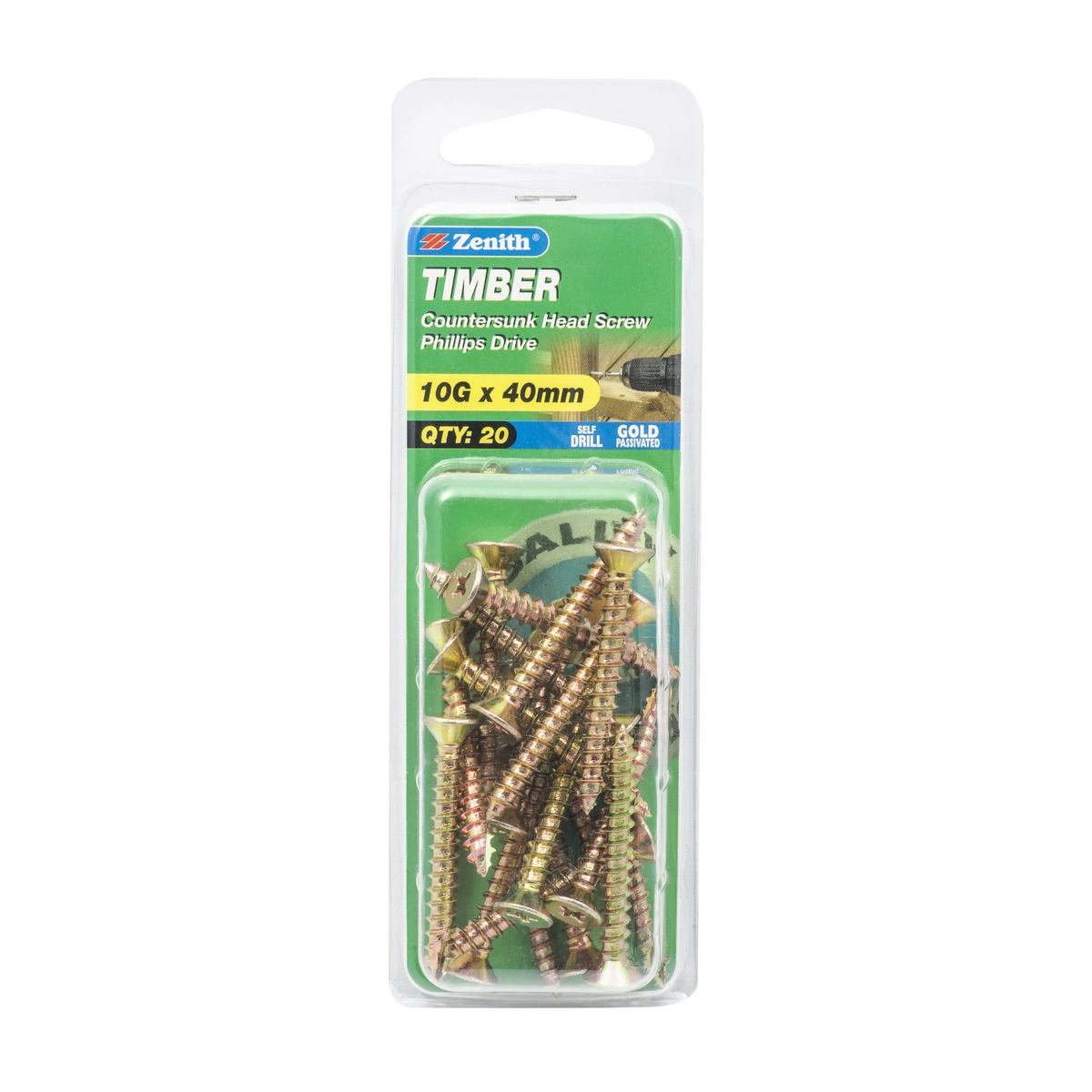 ZENITH® 10G x 40mm Gold Passivated, Phillips Drive, Timber Screws – Internal Use – 20 Pack