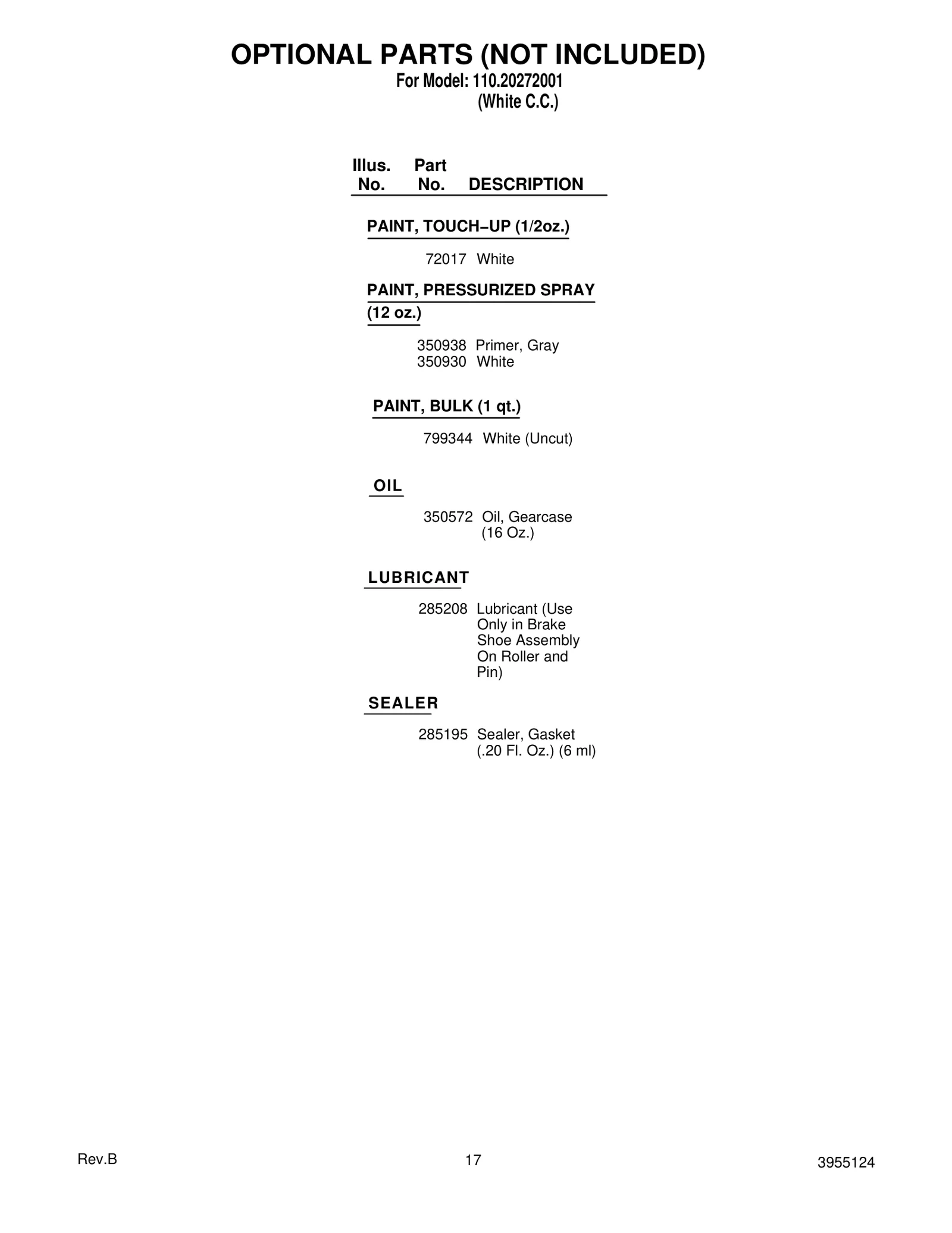 OPTIONAL PARTS (NOT INCLUDED)