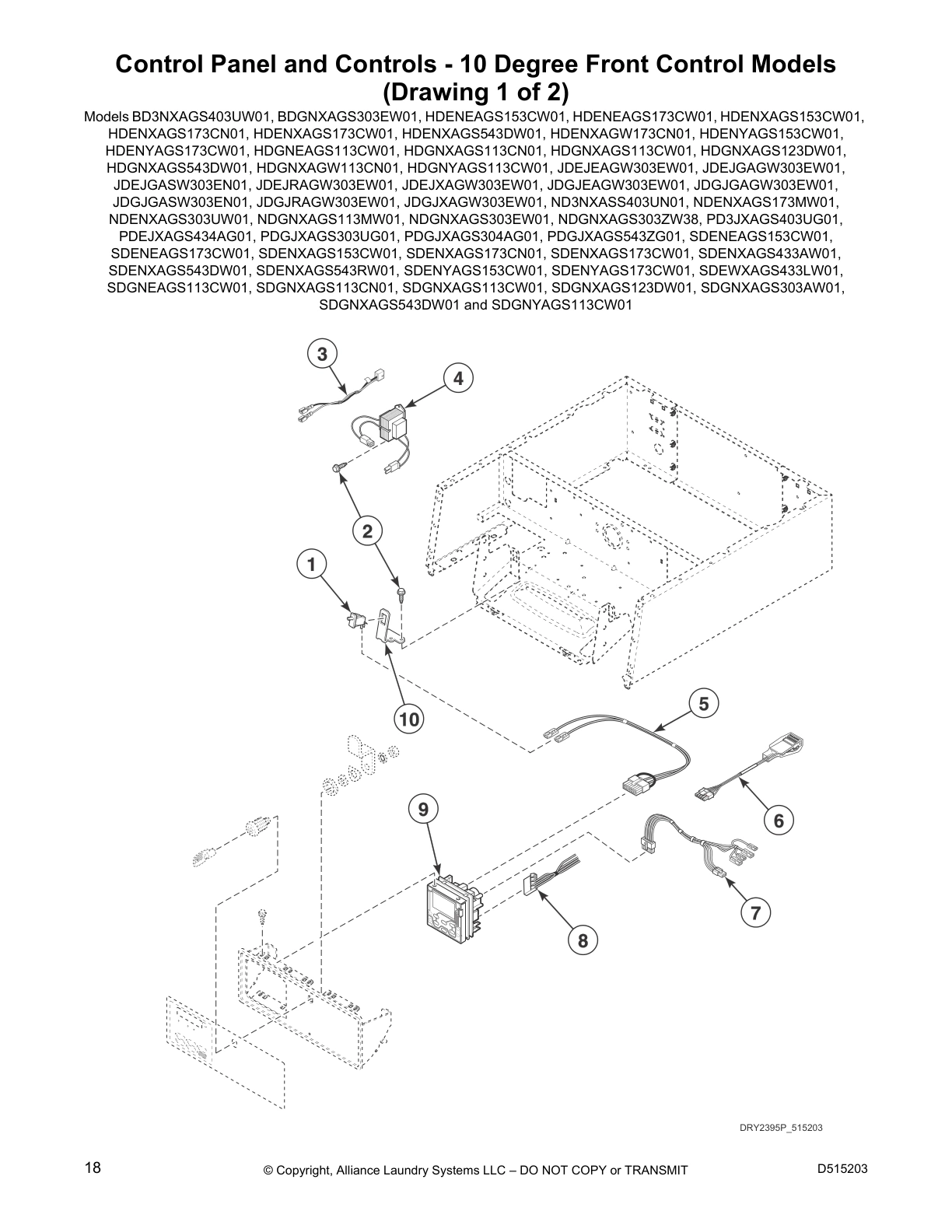 Control Panel and Controls - 10 Degree Front Control Models
(Drawing 1 of 2)