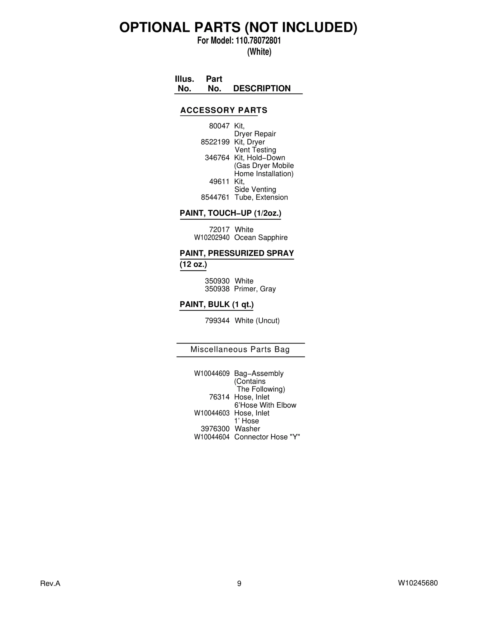 OPTIONAL PARTS (NOT INCLUDED)