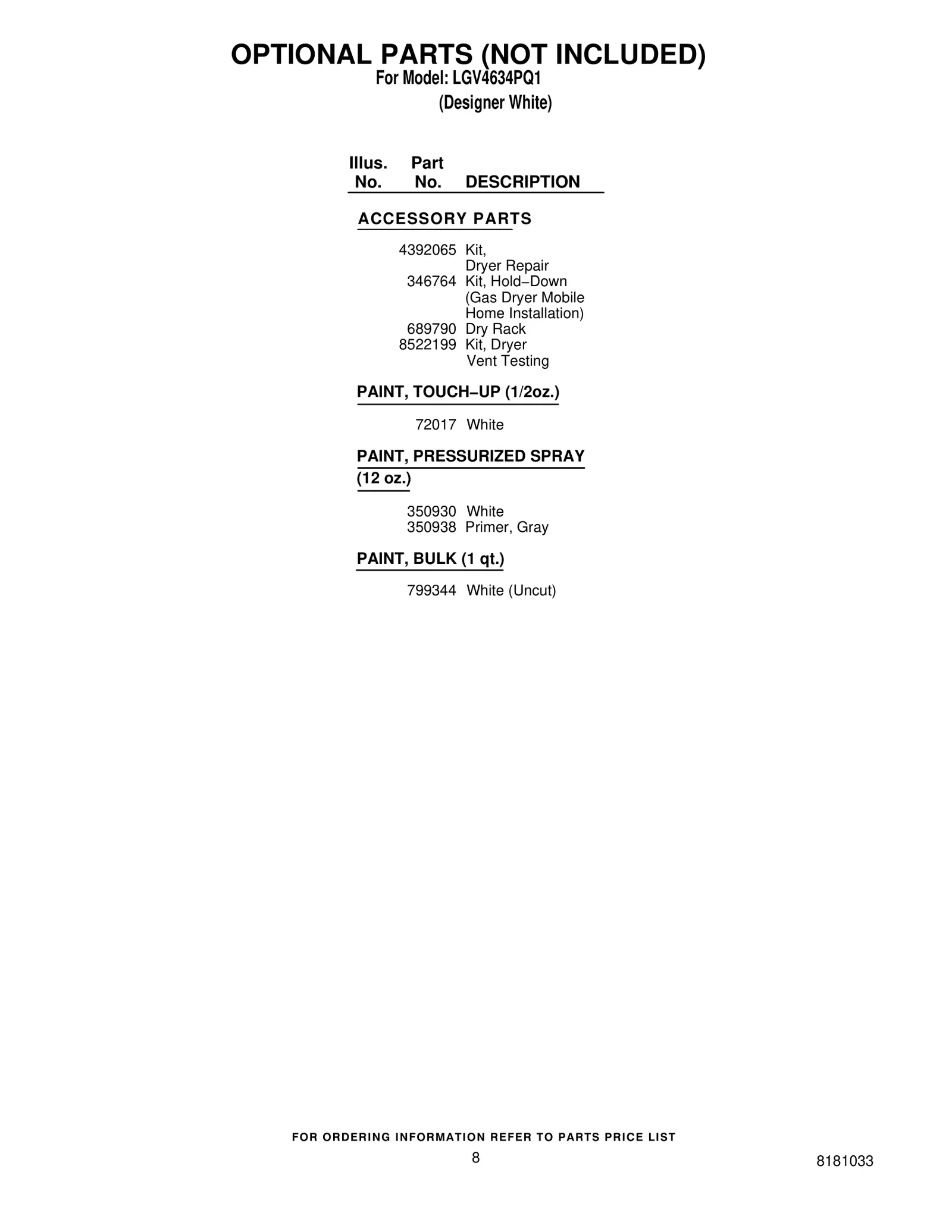 OPTIONAL PARTS (NOT INCLUDED)