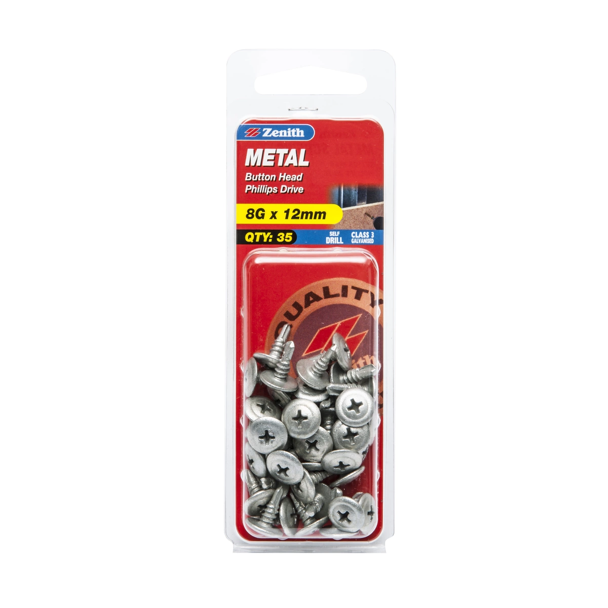 ZENITH® 8G x 12mm Class 3 Galvanised, Self Drilling, Phillips Drive, Metal Screws – External Use – 35 Pack