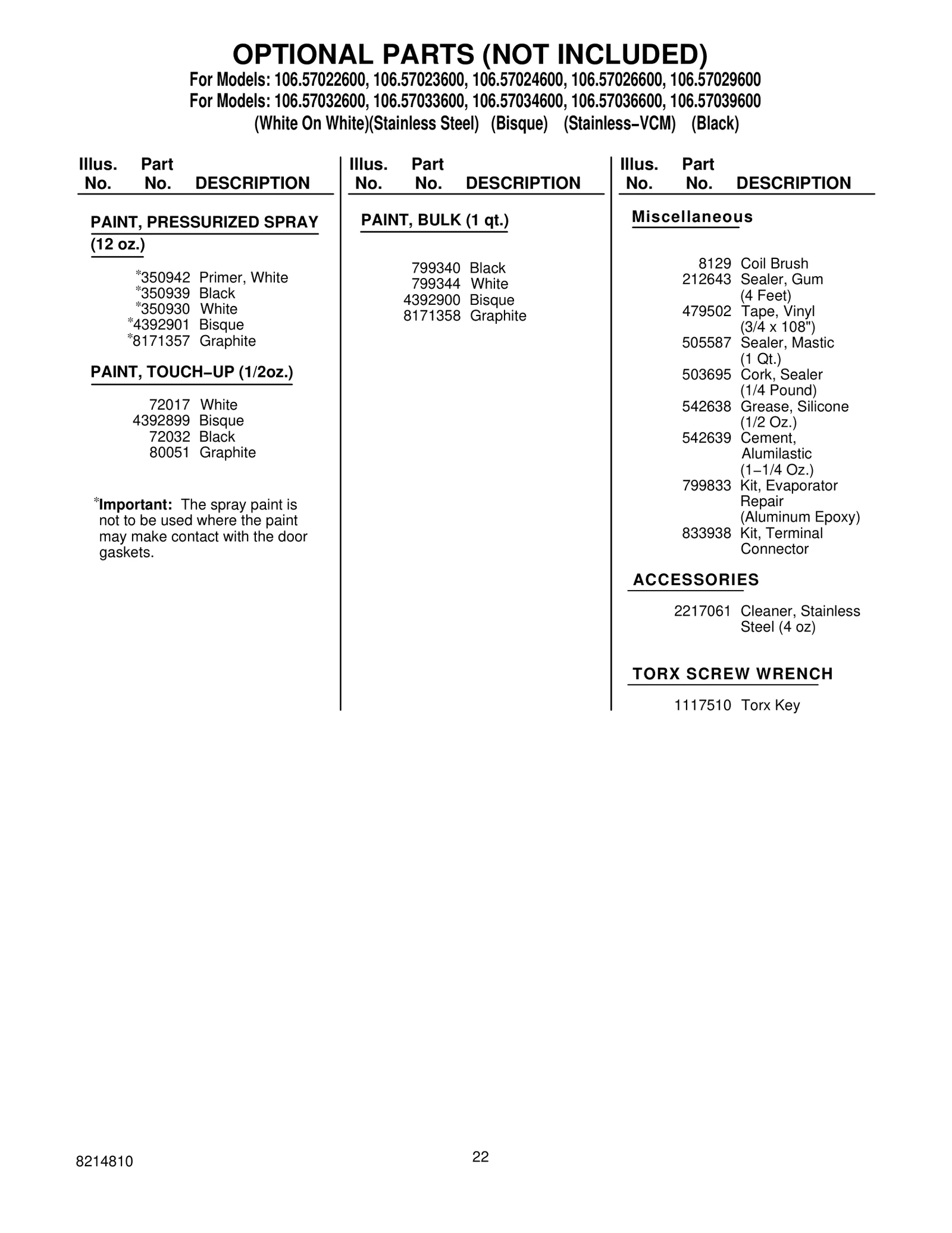 OPTIONAL PARTS (NOT INCLUDED)