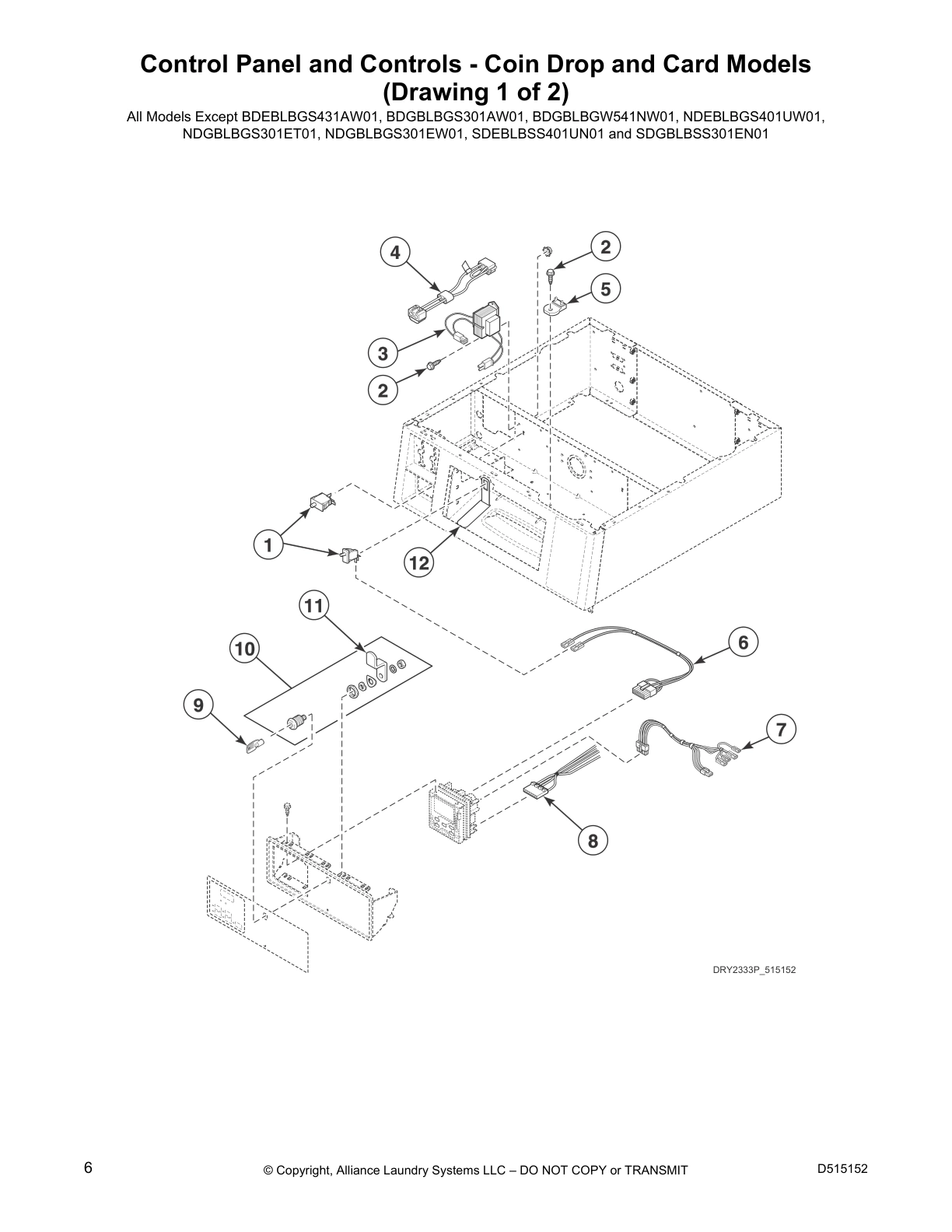Control Panel and Controls - Coin Drop and Card Models 
(Drawing 1 of 2)