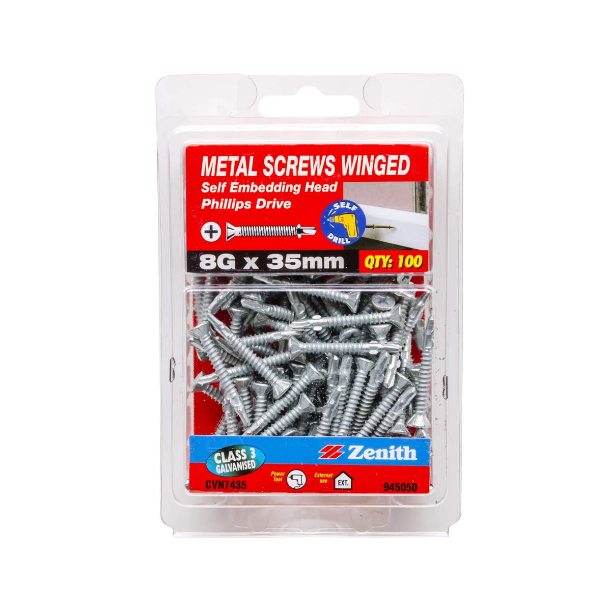 ZENITH® 8G x 35mm Class 3 Galvanised, Self Drilling, Phillips Drive, Metal Screws – External Use – 100 Pack