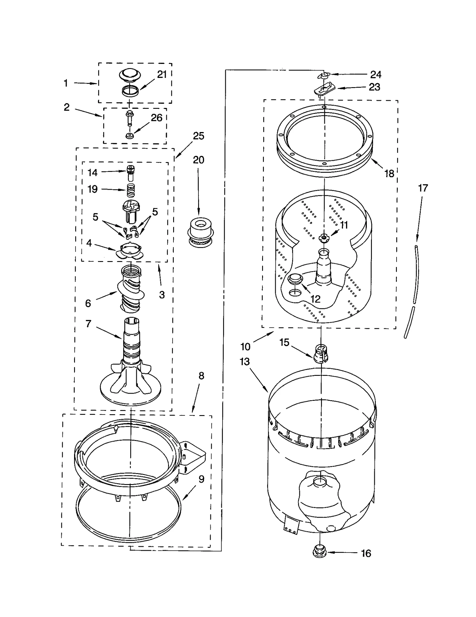 AGITATOR, BASKET AND TUB