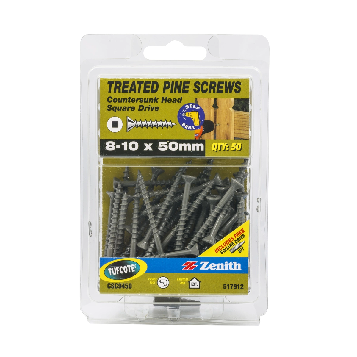 ZENITH® 8G x 50mm TUFCOTE®, Square Drive, Treated Pine Screws – External Use – 50 Pack