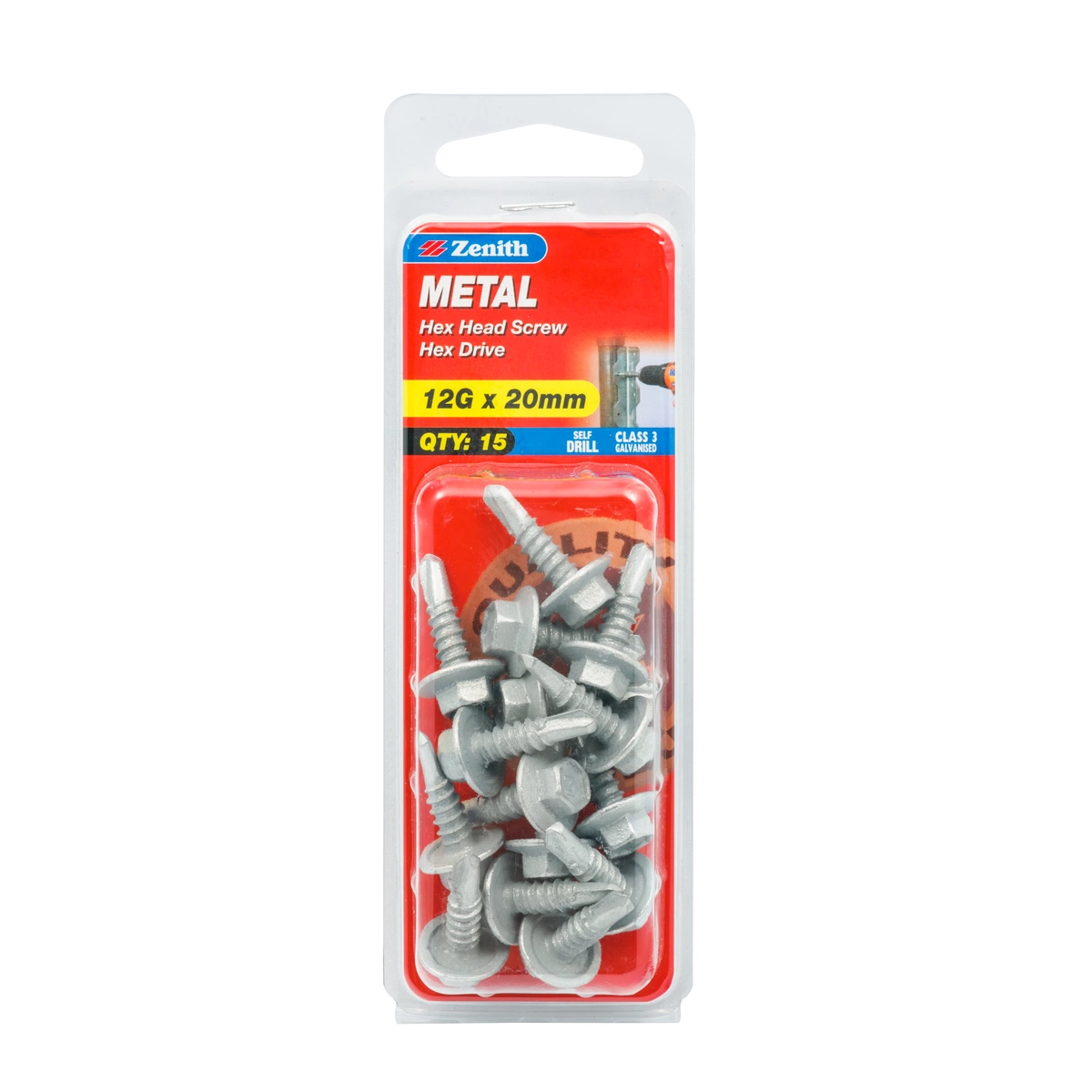 ZENITH® 12G x 20mm Class 3 Galvanised, Self Drilling, External Hex Drive, Metal Screws – External Use – 15 Pack