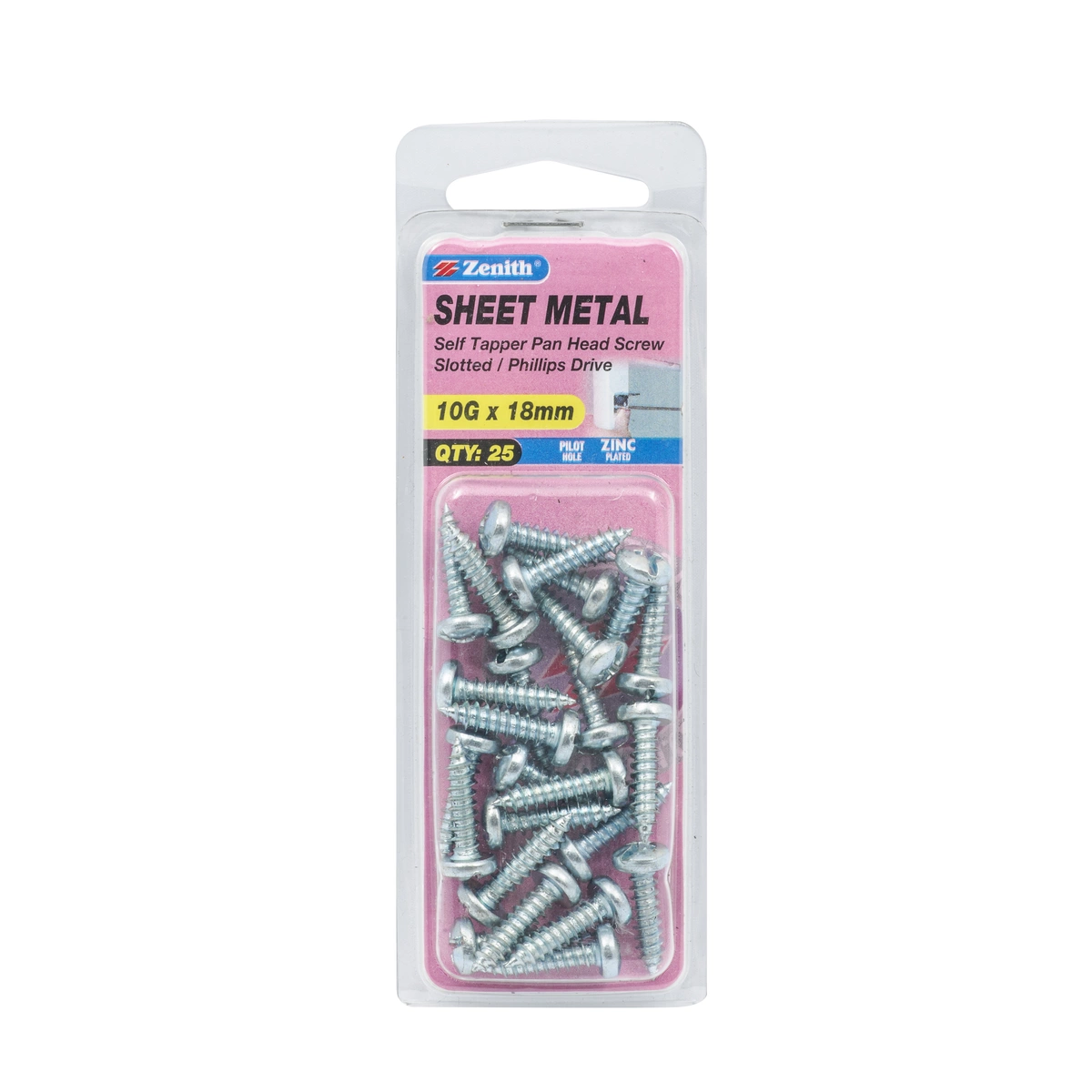 ZENITH® 10G x 18mm Zinc Plated, Self Tapping, Combination Drive, Sheet Metal Screws – Internal Use – 25 Pack