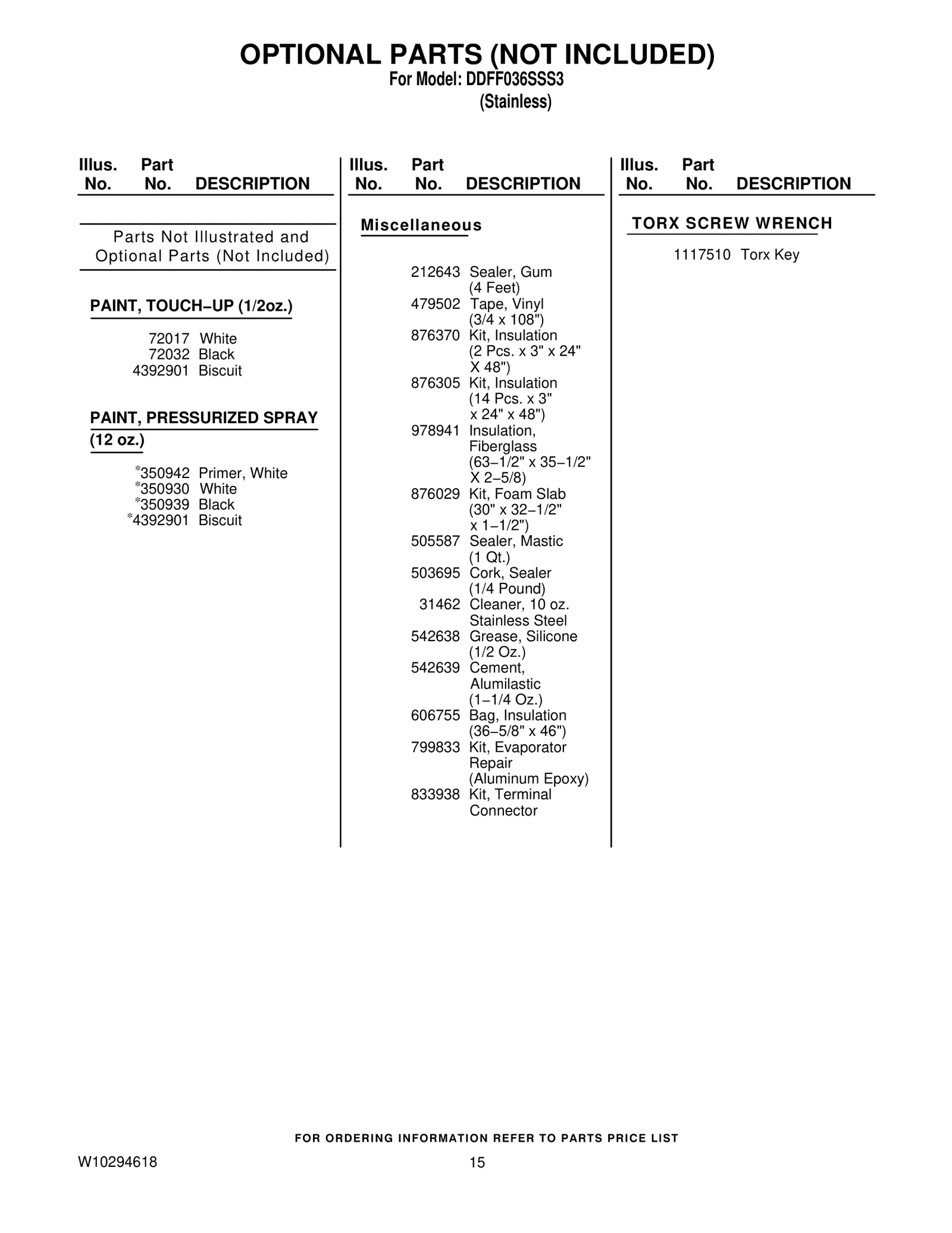 OPTIONAL PARTS (NOT INCLUDED)