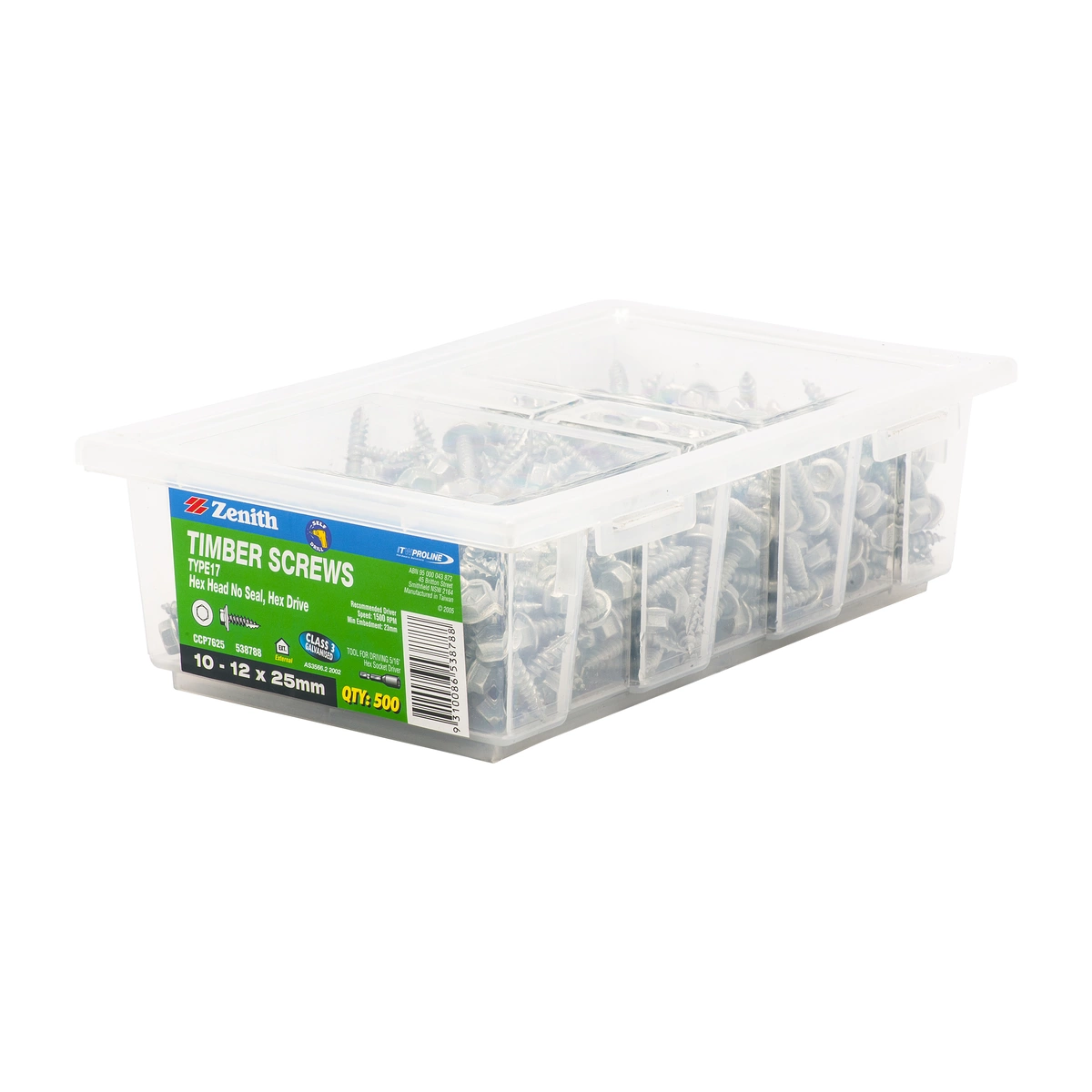 ZENITH® 10G x 25mm Class 3 Galvanised, External Hex Drive, Timber Screws – External Use – 500 Pack