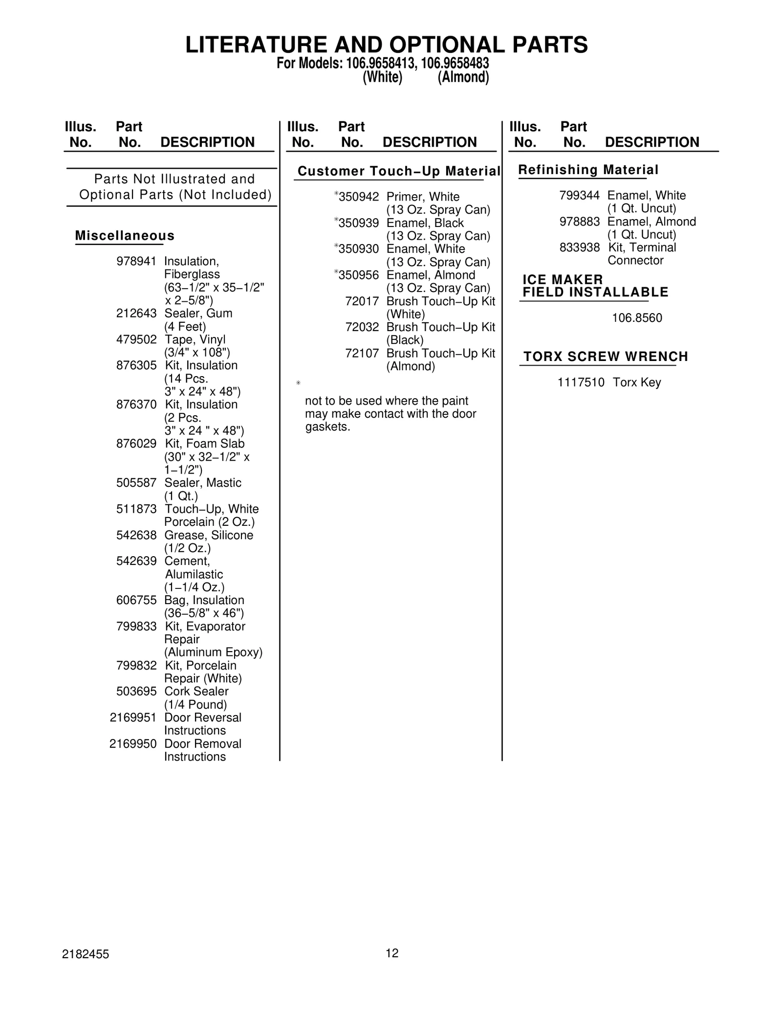 LITERATURE AND OPTIONAL PARTS