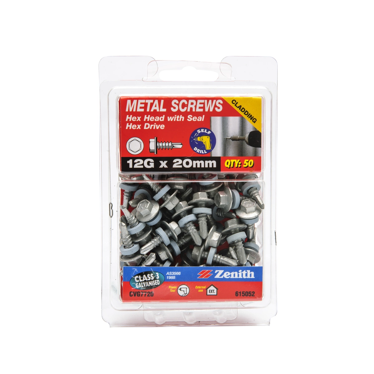ZENITH® 12G x 20mm Class 3 Galvanised, Self Drilling, External Hex Drive, Cladding & Roofing Screws with Seal – External Use – 50 Pack